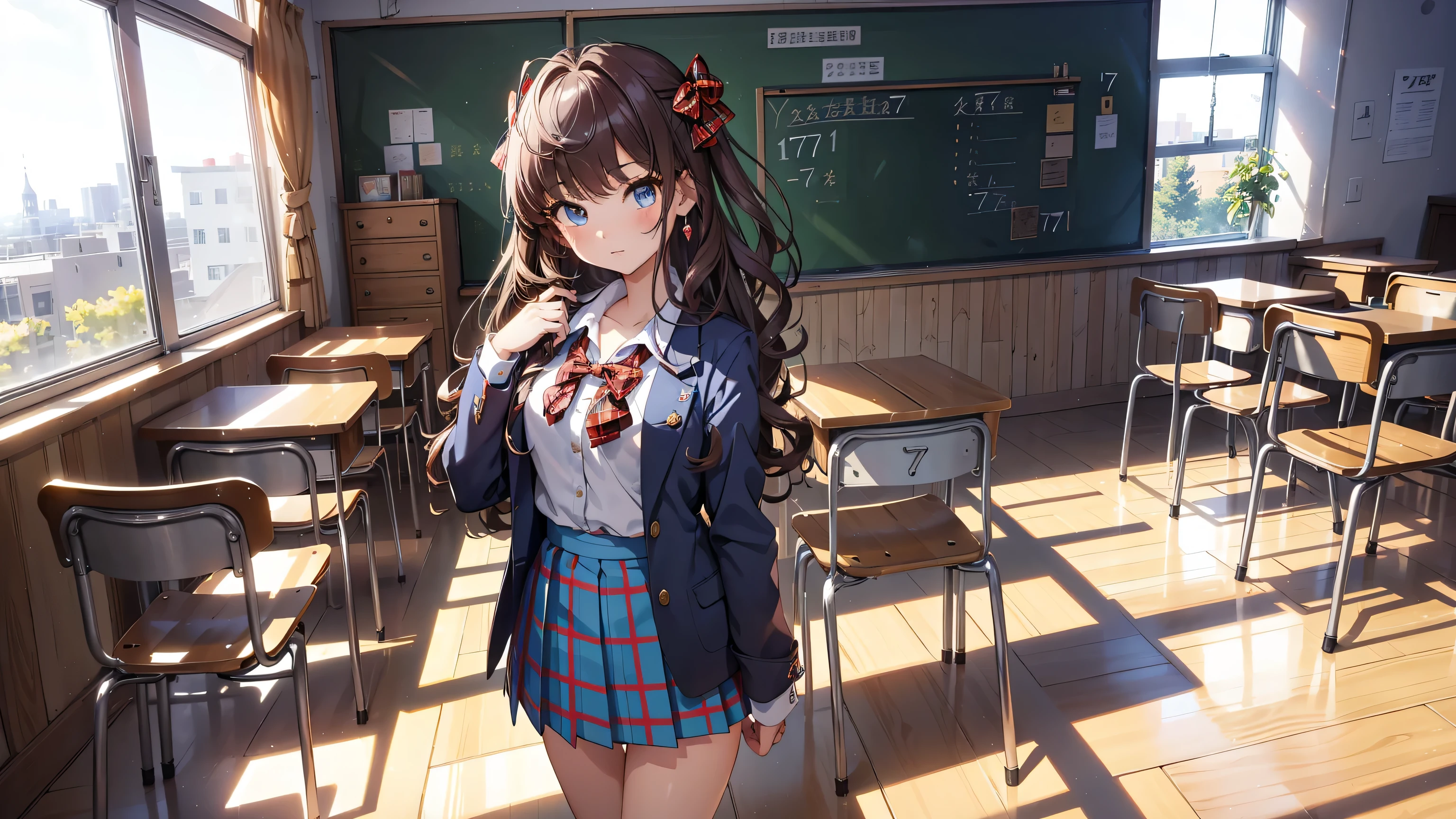 Obra maestra, Mejor calidad, high resolution, Ichinose Shiki, idol master, pelo largo, dos lados hacia arriba, lazo para el pelo, ahogo, pechos medianos, pendientes, uniforme escolar marinero, fondo de paisaje escolar, aula (Please draw a single Una chica caminando in a aula school :1.3) ((1 chica)), (Solo, rostro,17-year-old:2.0), un estudiante de secundaria. Extremidades completas, dedos completos, ((culo perfecto con los dedos, ingle, ojos perfectos, American jacket Japanese uniform girl ((blusa blanca con cuello formal, chaqueta azul, falda a cuadros azul, lazo a cuadros rojos en la blusa)) (detailed lighting), (antecedentes detallados), (en la zona escolar), ((vista de cuerpo completo)), ((de pie)), ((piernas)), zapatos uwabaki. hermosa chica soltera (Una chica), Toma de cuerpo completo. El fondo es la escuela., cuerpo delantero ((caminando, de pie)). pretty eyelashes, constituir, ojos electricos, ((zapatos perfectos))
