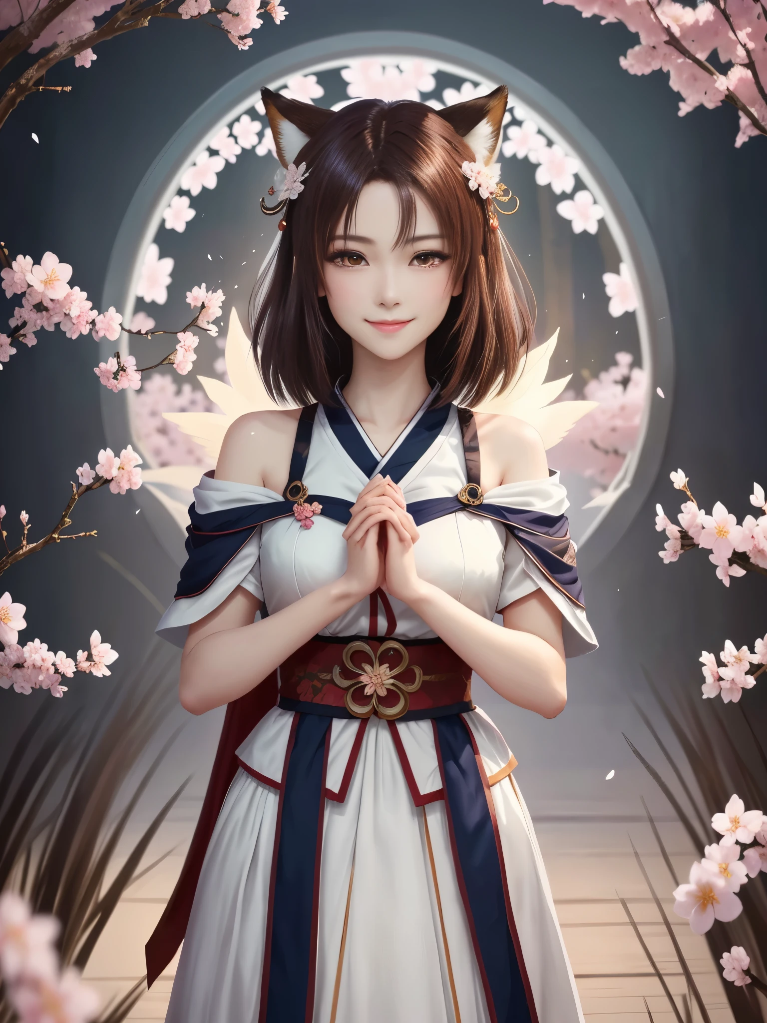 masterpiece , best quality,close up of face,smile,the whole body is facing forward,shoulder exposure,bright brown hair,slender body shape,brown eyes,sharp contrast,short hair,美しいフォルムのshort hair,just one person,precision quality,Faithfully reproduced eyes, 一面に咲くcherry blossom background,masterpiece, 幻想的なcherry blossom background,cherry blossom background,beautiful details, colorful, delicate details, delicate lips, intricate details, genuine, ultrargenuineista, 枝に座っている色とりどりの髪のFoxを持つ女の子:Mature, bright eyes, ,色とりどりのFox, raposa de nine tails, 三尾Fox, 三尾Fox, onmyoji detail art, beautiful fine art illustration, mythical creatures, Fox, beautiful digital art,shrine maiden,hold hands,exquisite digital illustration, mizutsune, Inspired by mythical wild web creatures, pixiv in digital art, shining light, high contrast, Mysterious,