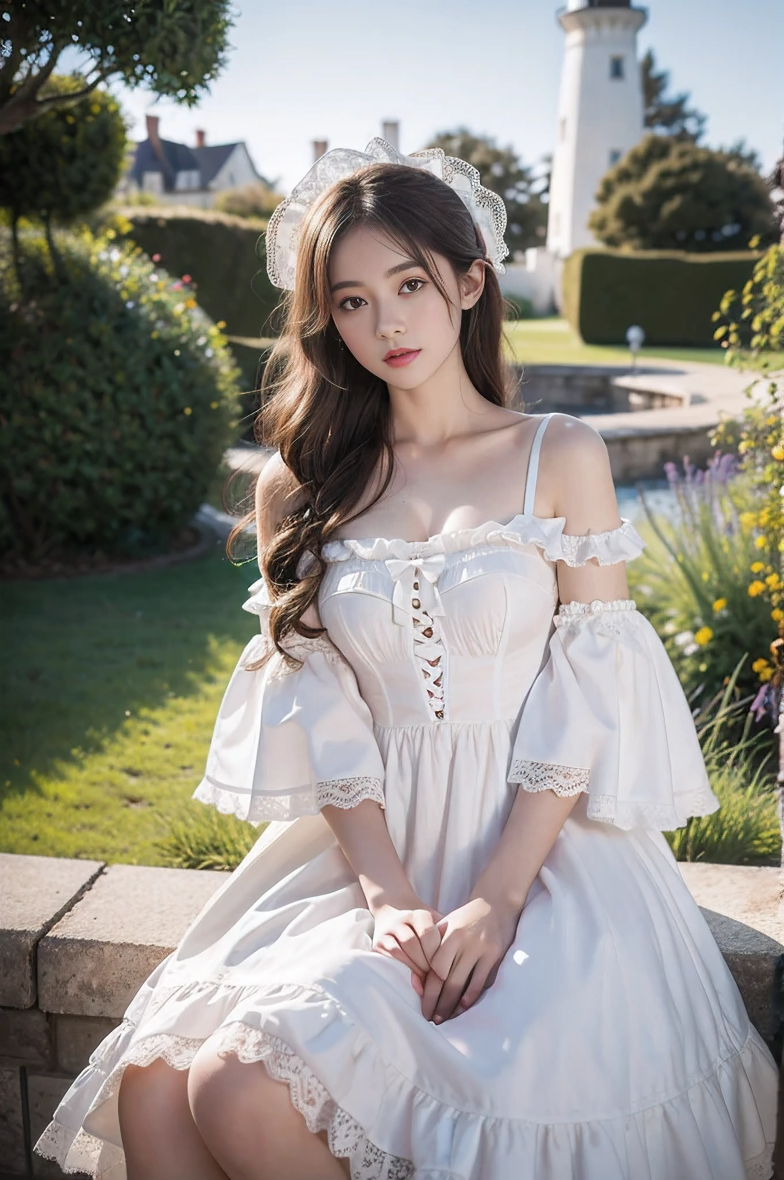 (8k, Original photo quality, masterpiece:1.2),(realistically, Real shot:1.4)
ta costume,lace, Alice Gainsborough, upper part of body, Off-the-shoulder underwear, External, old castle, high quality, Adobe Lighthouse, High detail skin, looking at the audience,