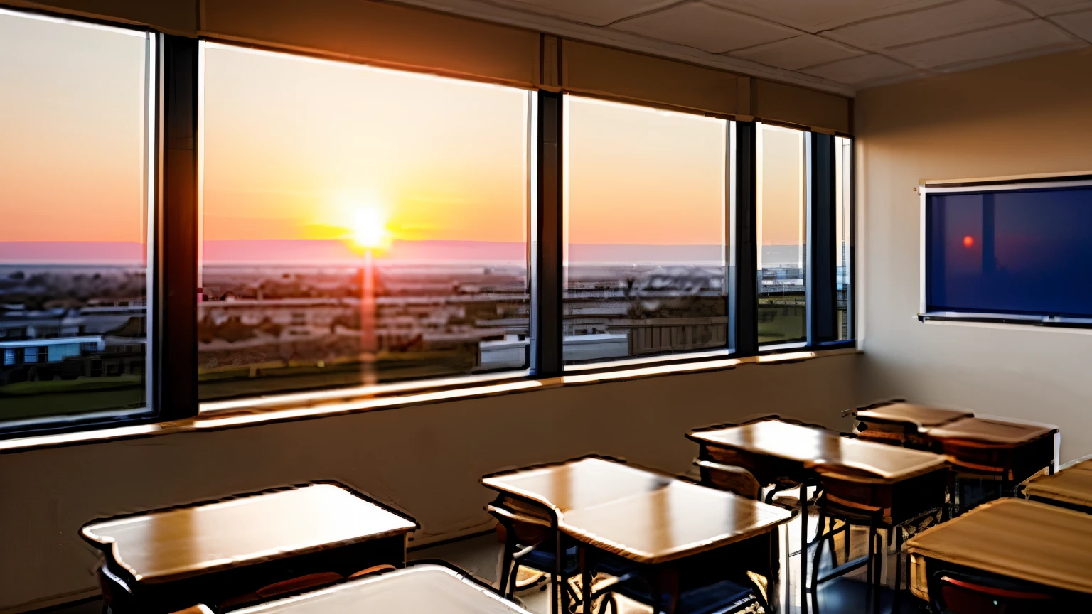 a school classroom,Sunset,have several windows,indoor picture,2nd floor,sunset,nobody,dusk