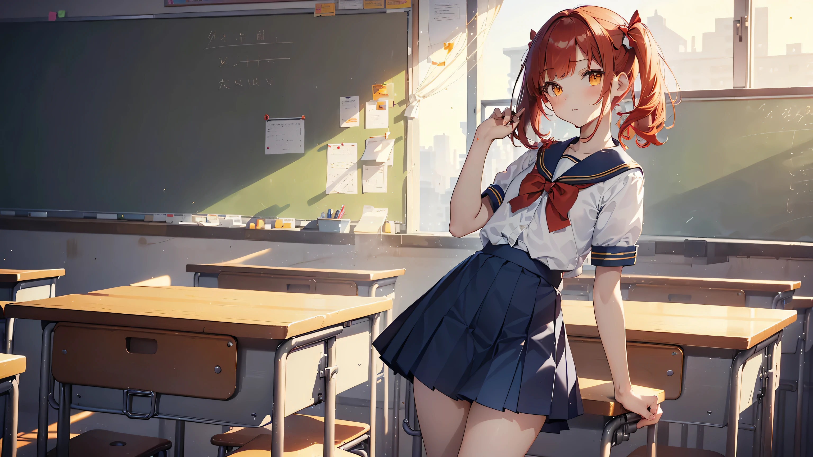 ((calidad superior, ultra detallado, high resolution, CG extremadamente detallado, fondo de pantalla de unidad 8k, por artista famoso, perfect anatomy, super detailed skin, cinematic lighting, HD, retina, anatomically correct, 1080P)), (Por favor, draw a single happy girl walking in a school classroom. :1.3), ((1 chica)), (Solo, rostro,13 years:2.0), un estudiante de secundaria, ((cute , chibi, babyrostro)) androgynous charm, (pelo medio, ((pelo rojo completo)) ((pelirrojo)), coletas, flequillo recto, con un lazo en el pelo, ((very thin piernas)), ((skinny piernas, cuerpo delgado, small construction)), Extremidades completas, dedos completos, ((dedos y manos perfectos)), pecho plano, cuerpo , small butt, ingle, Hermosos ojos llenos de oro amarillo detallados., ojos perfectos, uniforme escolar marinero, ((Falda azul)) y blusa blanca, ((lazo rojo en la blusa)), cuello marinero azul, mangas cortas, sin medias, (detailed lighting), ((fondo del aula)), (Fondo de escenario detallado), ((en la zona escolar)), vista de cuerpo completo, ((de pie)), piernas. lindo, chica soltera kawaii (Una chica), Toma de cuerpo completo. ((El fondo es la escuela.)), cuerpo delantero, ((mano izquierda arriba, mano derecha abajo))