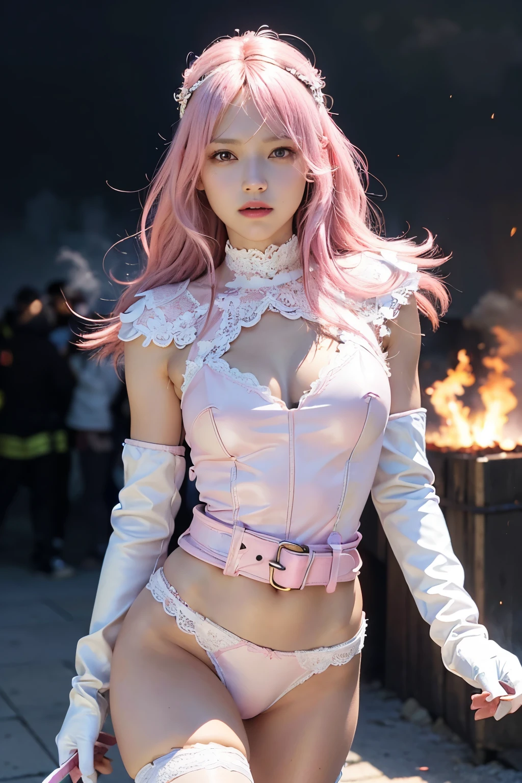 (8K, top-quality, masterpiece:1.2), (reallistic, Photorealsitic:1.37), Super Detail, One girl, (Highly detailed), (beautifully detailed eyes), (of the highest quality), (super detailed), (masterpiece), (Detailed face), 20yr old, 1 girl, (pink hair, long hair), medium breasts, clothed, Perfect Lighting, BREAK, (pink and white leather uniform:1.4), (white lace on pink bodysuit:1.3), (pink belt:1.2), (white leather gloves:1.2), (white high heel boots:1.2), (pink and white helmet:1.4), super sentai heroine theme, BRAKE, (camera angle: left diagonal front), (hair flowing in the wind), (brave and confident expression), (right hand holding pink laser gun), (left hand on hip), (right leg forward), (left leg backward), (chest out), (posture straight), (background: explosion, fire, smoke, enemy robot, enemy monster), (lighting: strong on subject, dark on background), (highlight and contrast: high)