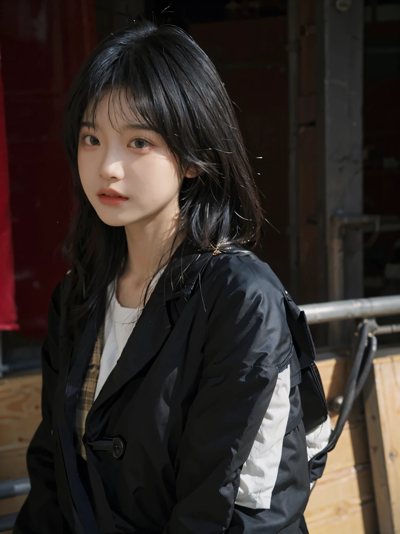 最OK质量, masterpiece, ultra high resolution, Junior high school student, (actual: 1.4), 1 girl, Sexy, (Open a black coat: 1.2), (OK: 1.2), (Dabubu: 1.3), (Upper body: 1.4)