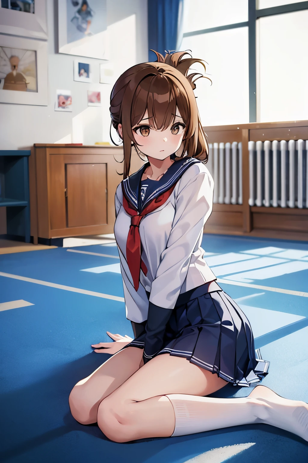 A girl in a sailor suit and a miniskirt who is not feeling well is sitting on the floor of the gymnasium and observing the clasasterpiece, best quality:1.2),illustration,8k,hd,1girl,solo,upper body,(portrait:1.2),brown_hair,folded_ponytail,brown_eyes,serafuku,long_hair,school_uniform,skirt,pleated_skirt,