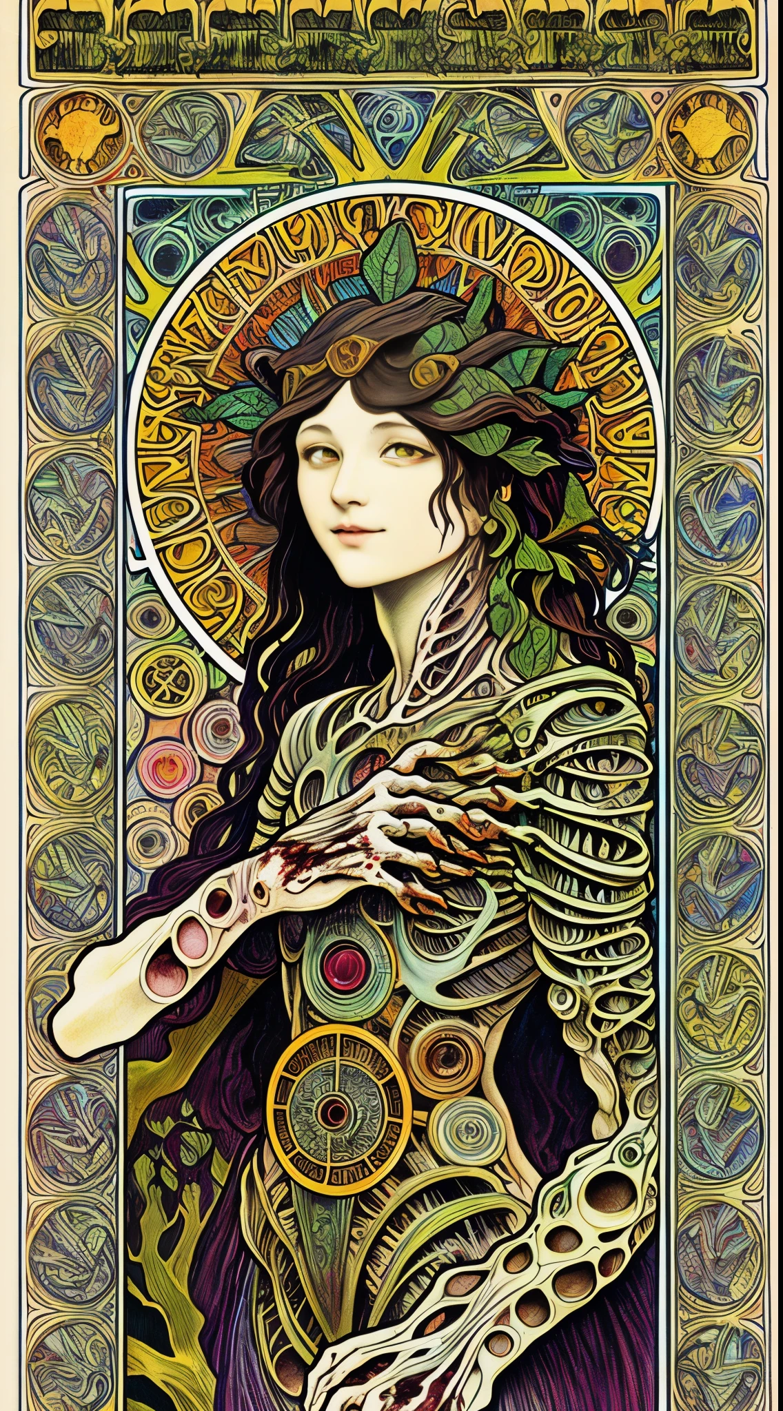 beautiful a girl, (The art of Alphonse Mucha), (body horror:1.4), (biomachine:1.3), (Bloody:1.2), creatures, (Colorful:1.2), Hans Giger, Many hands, (Zentangle:1.2),bright yellow eyes, A slight smil,Oil on matte canvas, Sharp details are complex, Highly detailed, Digital Painting, absurderes,((Sephirot tree))、((Qliphoth tree))、arcana tarot