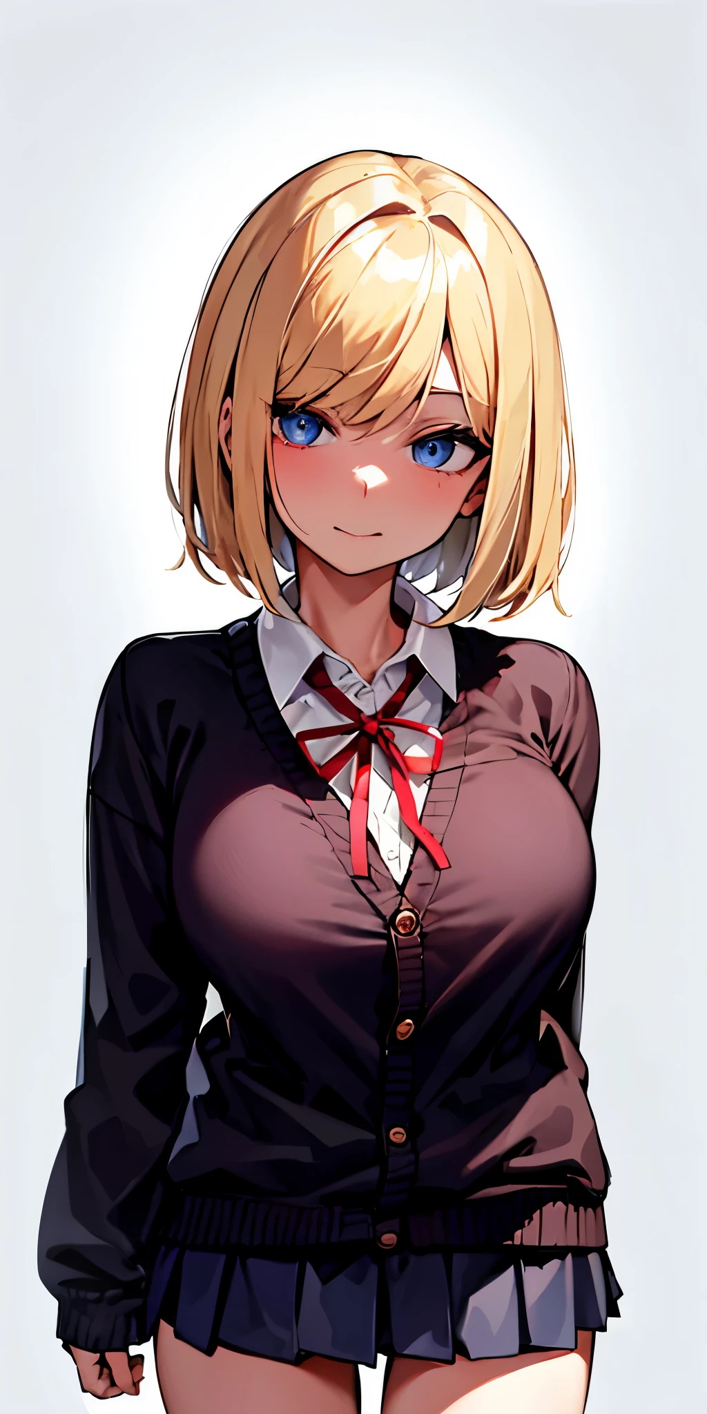 solo,Portrait,gal,1Girl,jitome, blue eyes,hair over one eye,large breasts,brown skin,BREAK,gold hair,straight bob cut,BREAK,School Uniforms,dark grey short pleated skirt,BREAK,sleeves past wrists black baggy cardigan,BREAK,inner wear is white collared-shirt, BREAK,It's loose red Thin ribbon