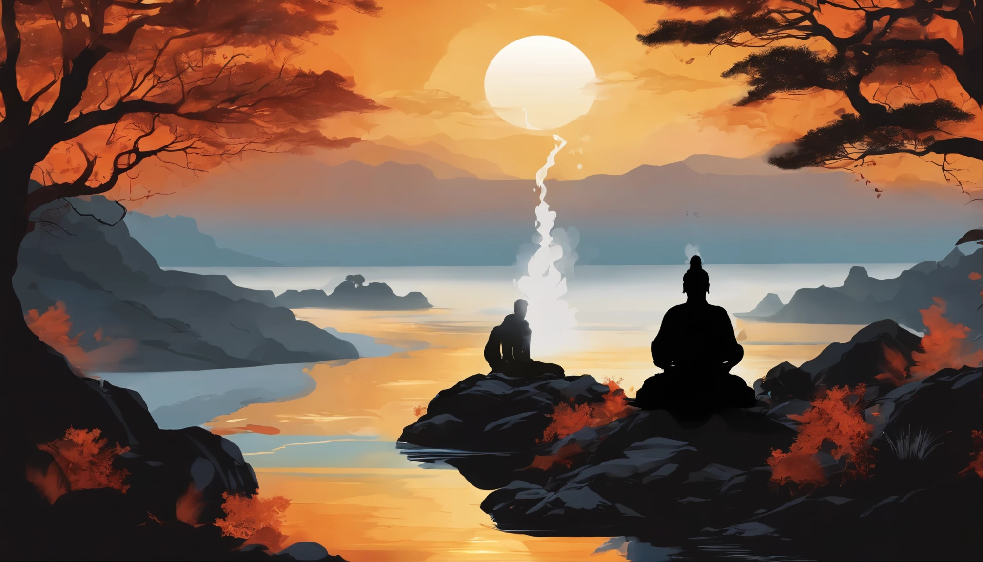 A silhouette of Musashi seated in meditation, surrounded by elements representing the five elements (earth, water, fire, wind, and void), symbolizing the holistic approach to strategy and life mastery depicted in the book.