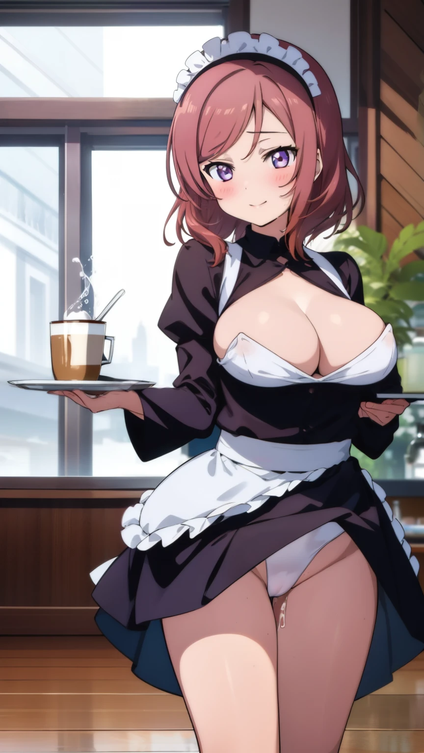 (masterpiece)1 girl, Maki Nishikino、Maid clothes、waitress uniform、highest quality, expressive eyes, perfect face, upper big body, smile, blush, indoor,coffee shop、a lot of people、Day, simple background, lie down, looking for , bright sky, looking for at viewer, stage, moody lighting、very big breasts、cleavage、nipples are transparent、A lot of milk comes out from the nipples、Breast milk squirts out of the nipples、put the chest on the tray、standing position、whole body、mini skirt、Detailed female genital shape clearly visible、Cat ear