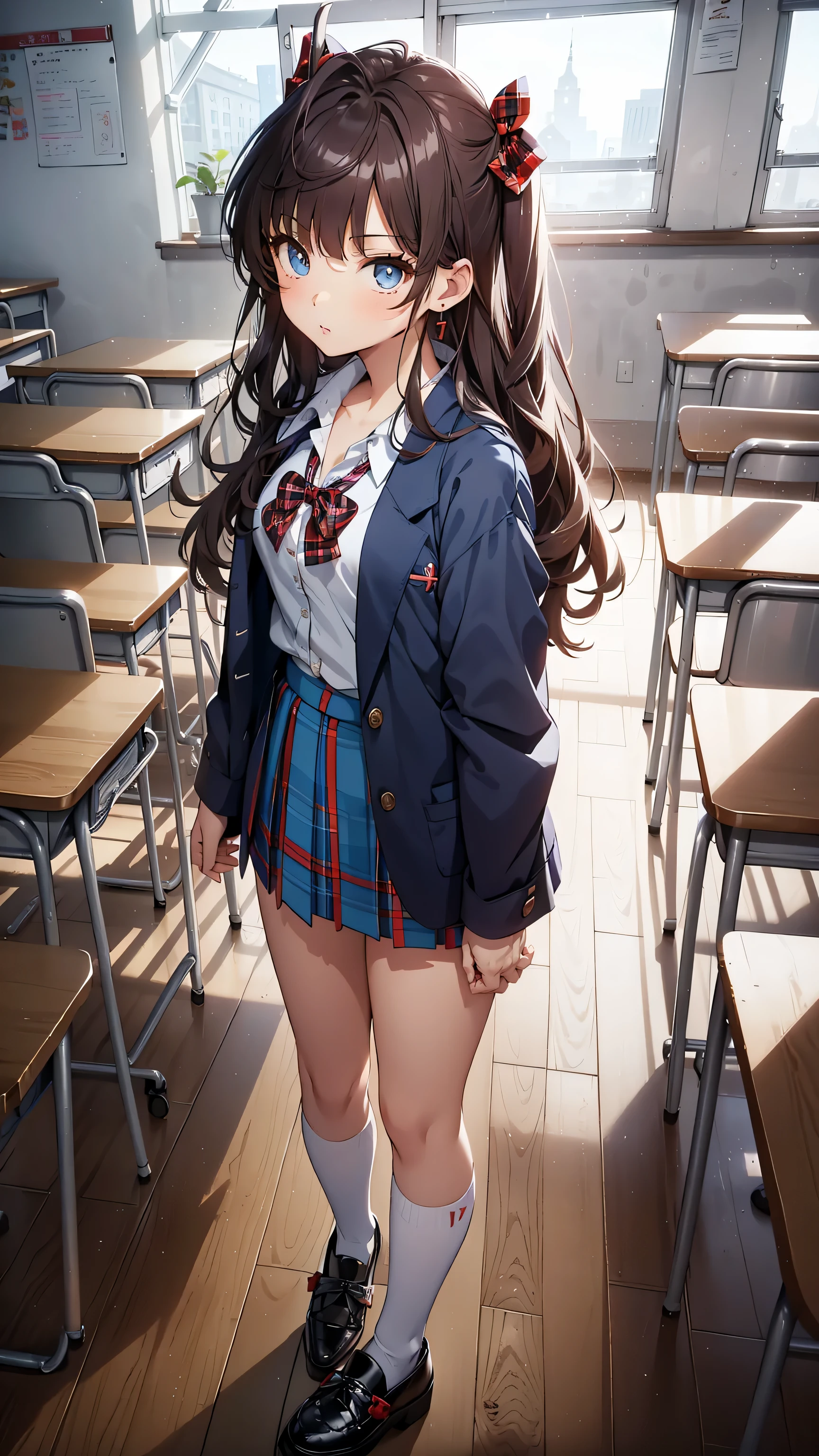 Obra maestra, Mejor calidad, high resolution, Ichinose Shiki, idol master, pelo largo, dos lados hacia arriba, lazo para el pelo, ahogo, pechos medianos, pendientes, uniforme escolar marinero, fondo de paisaje escolar, aula (Please draw a single Una chica caminando in a aula school :1.3) ((1 chica)), (Solo, rostro,-yeld:2. un estudiante de secundaria. Extremidades completas, dedos completos, ((culo perfecto con los dedos, ingle, ojos perfectos, American jacket Japanese uniform girl ((blusa blanca con cuello formal, chaqueta azul, falda a cuadros azul, lazo a cuadros rojos en la blusa)) (detailed lighting), (antecedentes detallados), (en la zona escolar), ((vista de cuerpo completo)), ((de pie)), ((piernas)), zapatos uwabaki. hermosa chica soltera (Una chica), Toma de cuerpo completo. El fondo es la escuela., cuerpo delantero ((caminando, de pie)). pretty eyelashes, constituir, ojos electricos, ((zapatos perfectos))
