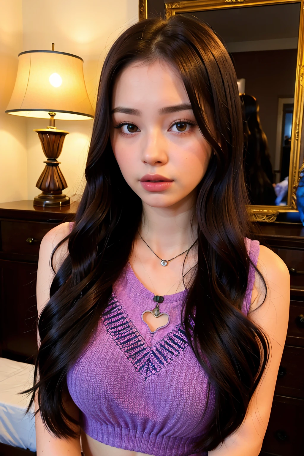 Arafed woman in the bedroom in full view, Soft 8K Portrait Shot, young woman with long dark hair, Anna Nikonova, aka newmilky, anastasia ovchinnikova, Portrait of Sophie Mudd, Violet Myers, photo of a young woman, 4k symmetrical portrait, 4k symmetrical portrait, Woman with long black hair
