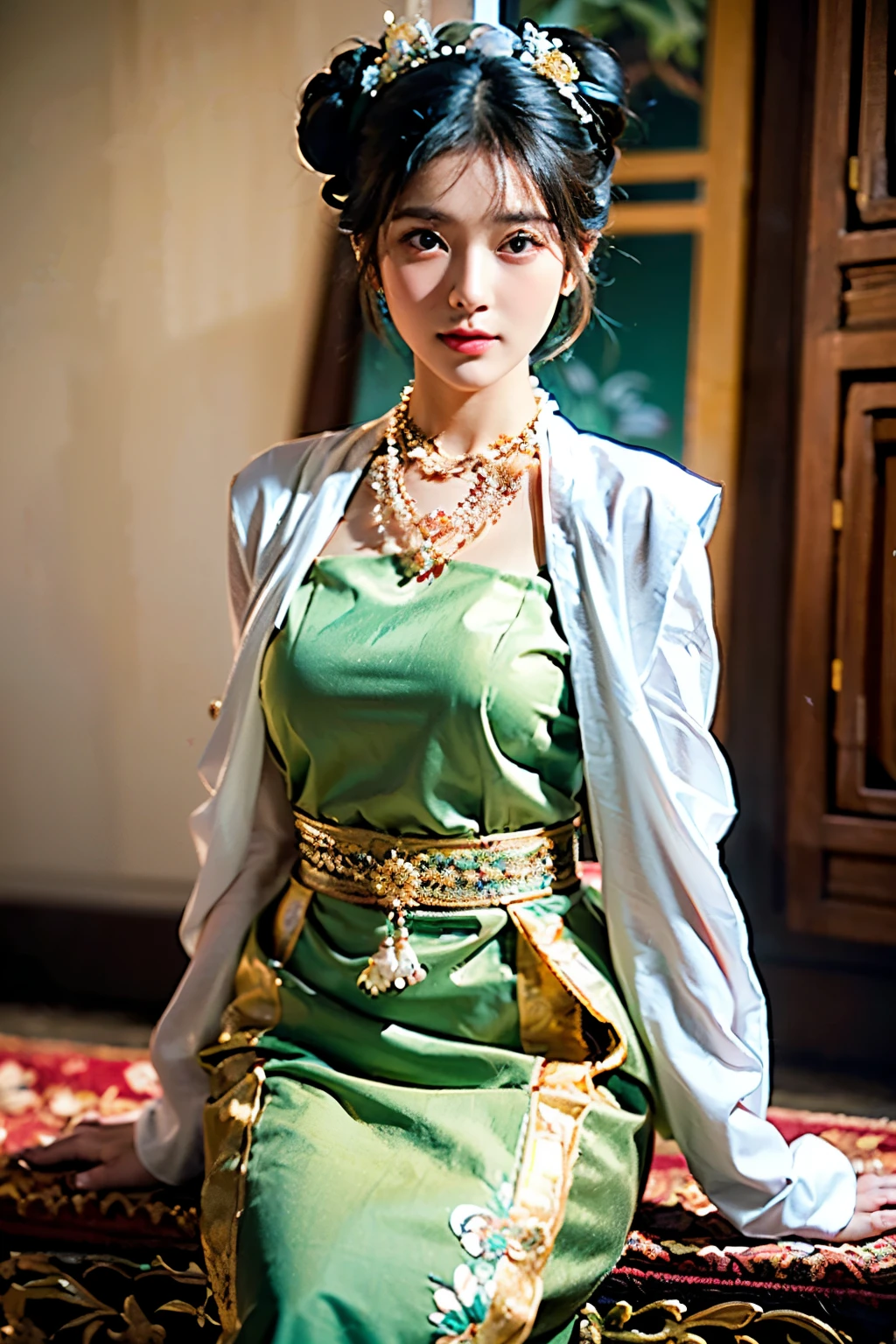 (best quality,4k,8k,highres,masterpiece:1.2),ultra-detailed,(realistic,photorealistic,photo-realistic),stunning Burmese patterned Green traditional dress lady, MMTD Green BURMESE PATTERNED TRADITIONAL DRESS , WEAR PEARL NECKLACES AND GOLD BRACELETS,FULL BODY DETAILS BEAUTY, Green Dress, beautifully adorned, eye-catching brocade patterns, rich and vibrant colors, detailed embroidery work, exquisite textures, meticulously handcrafted dress, vividly captures the essence of Burmese culture,traditional floral motifs,black single bun hair with flower,intricately arranged hairpiece, delicate and feminine, adds a touch of sophistication,soft yet confident expression,deep and captivating eyes,lustrous lips with a hint of a smile,flawless complexion, polished and refined, mesmerizing presence, subtle lighting, dramatic shadows, showcases the lady's grace and beauty, immersive visual experience, full body photoshoot, perfect body, perfect hands, big bust, big hip, fullbody.