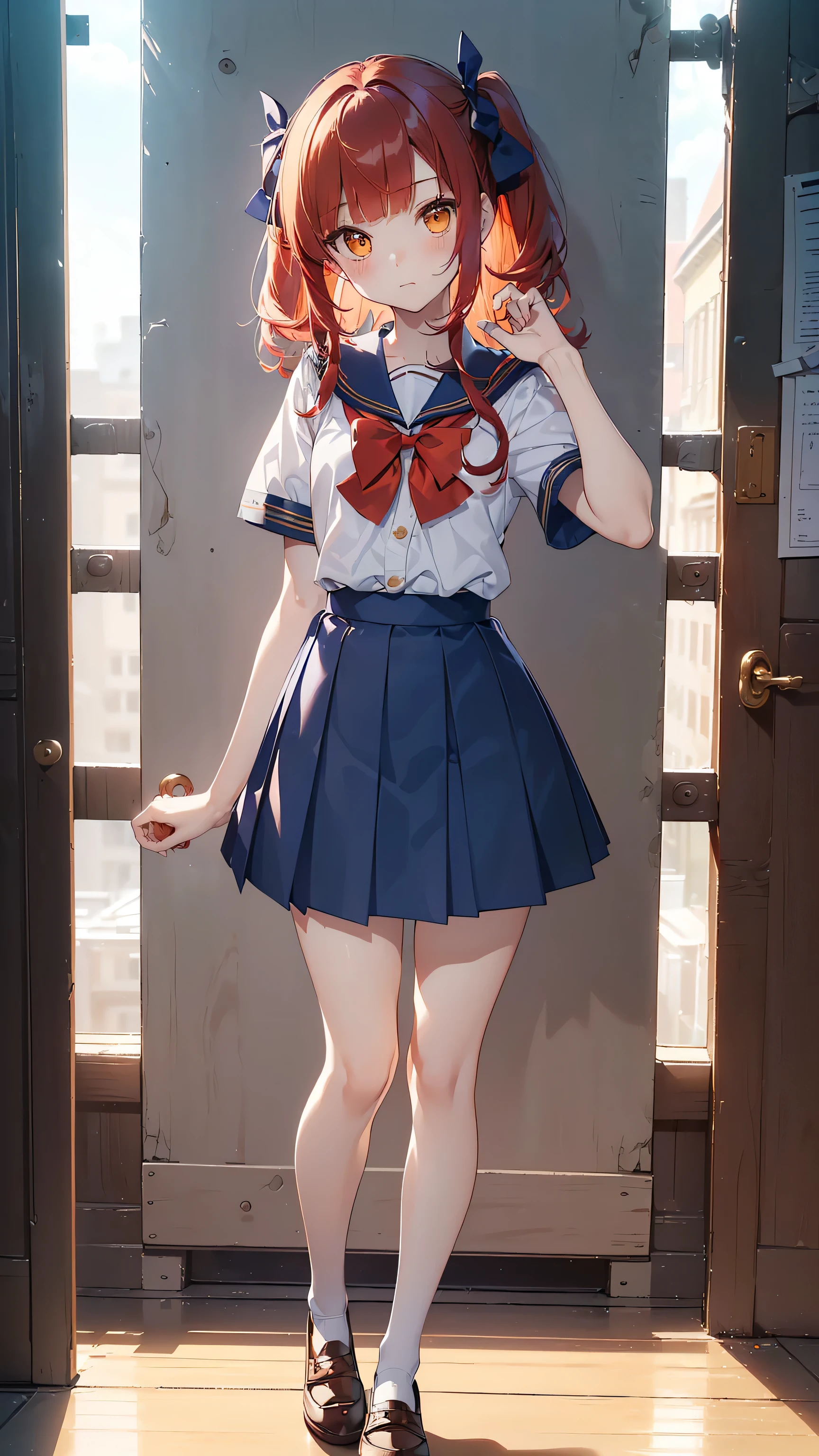 ((calidad superior, ultra detallado, high resolution, CG extremadamente detallado, fondo de pantalla de unidad 8k, por artista famoso, perfect ???????, super detailed skin, cinematic lighting, HD, retina, anatomically correct, 1080P)), (Por favor, draw a single happy girl walking in a school classroom. :1.3), ((1 chica)), (Solo, rostro,13 years:2.0), un estudiante de secundaria, ((cute , chibi, babyrostro)) androgynous charm, (pelo medio, ((pelo rojo completo)) ((pelirrojo)), coletas, flequillo recto, con un lazo en el pelo, ((very thin piernas)), ((skinny piernas, cuerpo delgado, small construction)), Extremidades completas, dedos completos, ((dedos y manos perfectos)), pecho plano, cuerpo , small butt, ingle, Hermosos ojos llenos de oro amarillo detallados., ojos perfectos, uniforme escolar marinero, ((Falda azul)) y blusa blanca, ((lazo rojo en la blusa)), cuello marinero azul, mangas cortas, sin medias, (detailed lighting), (Fondo de escenario detallado), ((en la zona escolar)), vista de cuerpo completo, ((de pie)), piernas. lindo, chica soltera kawaii (Una chica), Toma de cuerpo completo. ((El fondo es la escuela.)), cuerpo delantero, ((mano izquierda arriba, mano derecha abajo))
