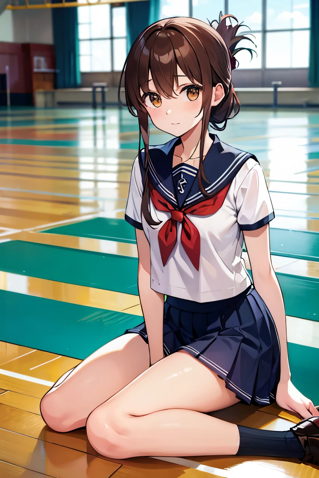 A girl in a sailor suit and a miniskirt who is not feeling well is sitting on the floor of the gymnasium and observing the clasasterpiece, best quality:1.2),illustration,8k,hd,1girl,solo,upper body,(portrait:1.2),brown_hair,folded_ponytail,brown_eyes,serafuku,long_hair,school_uniform,skirt,pleated_skirt,