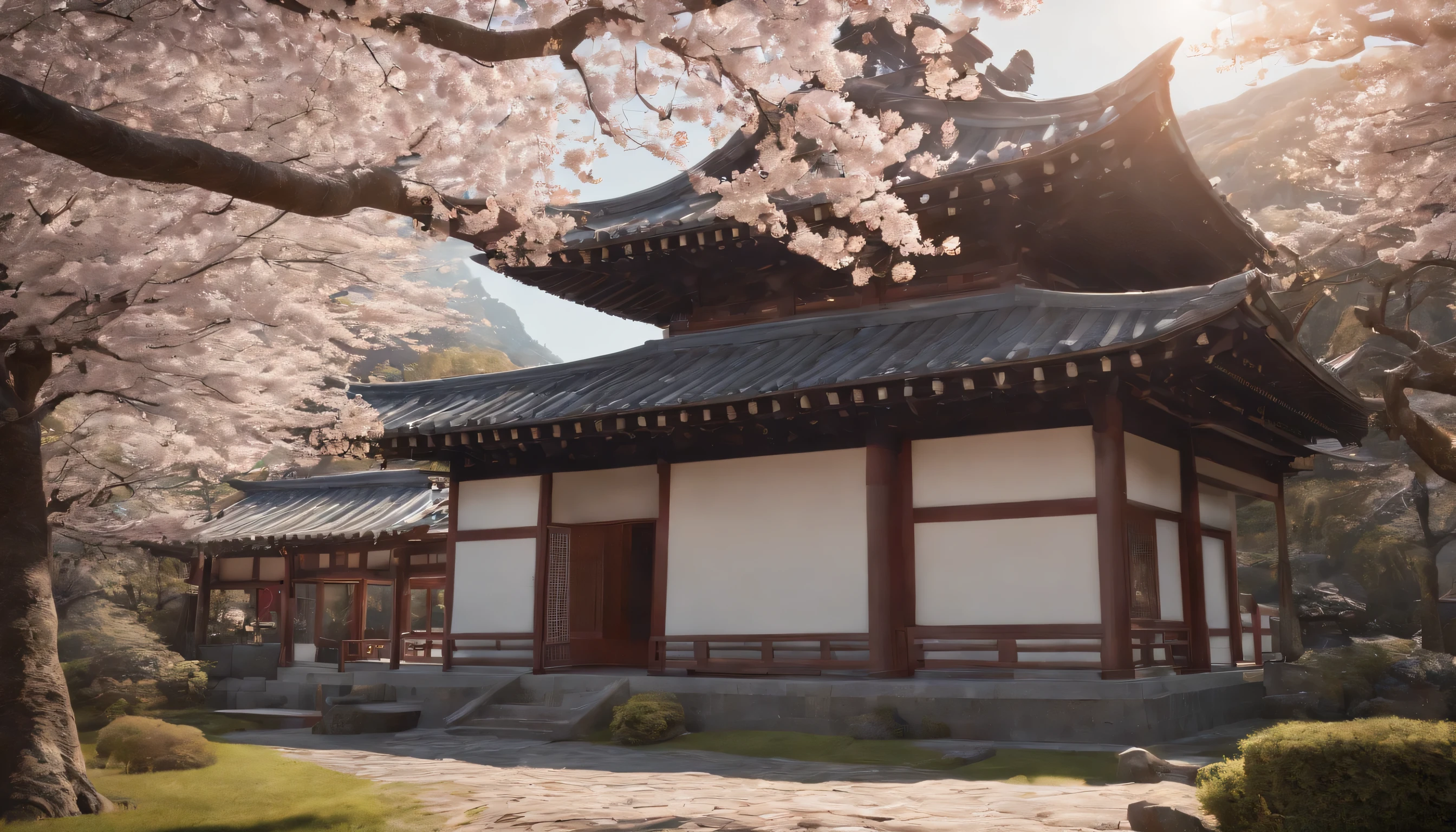 (Highly detailed CG Unity 8k wallpaper、masterpiece、highest quality、Super detailed)、(best lighting、best shadow、very delicate and beautiful)、highest quality、8k、Detailed facial depiction、masterpiece、highest quality、clear image quality、
A photo expressing the contrast between cherry blossoms and Japanese architecture。