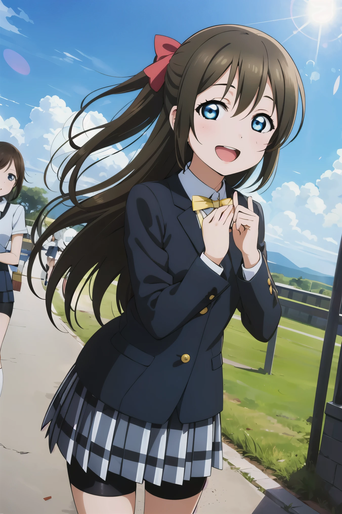 (best quality, masterpiece:1.2), (1girl, solo:1.2), cute, smile,  detailed background, (looking at viewer, solo focus:1.2), light on face, sky, blue sky, cowboy shot, sunlight, lens flare, depth of field, scenery, open mouth,
osaka shizuku, long hair, hair ribbon, blue eyes, black hair, straight hair, nijigasaki academy school uniform, bike shorts, standing,