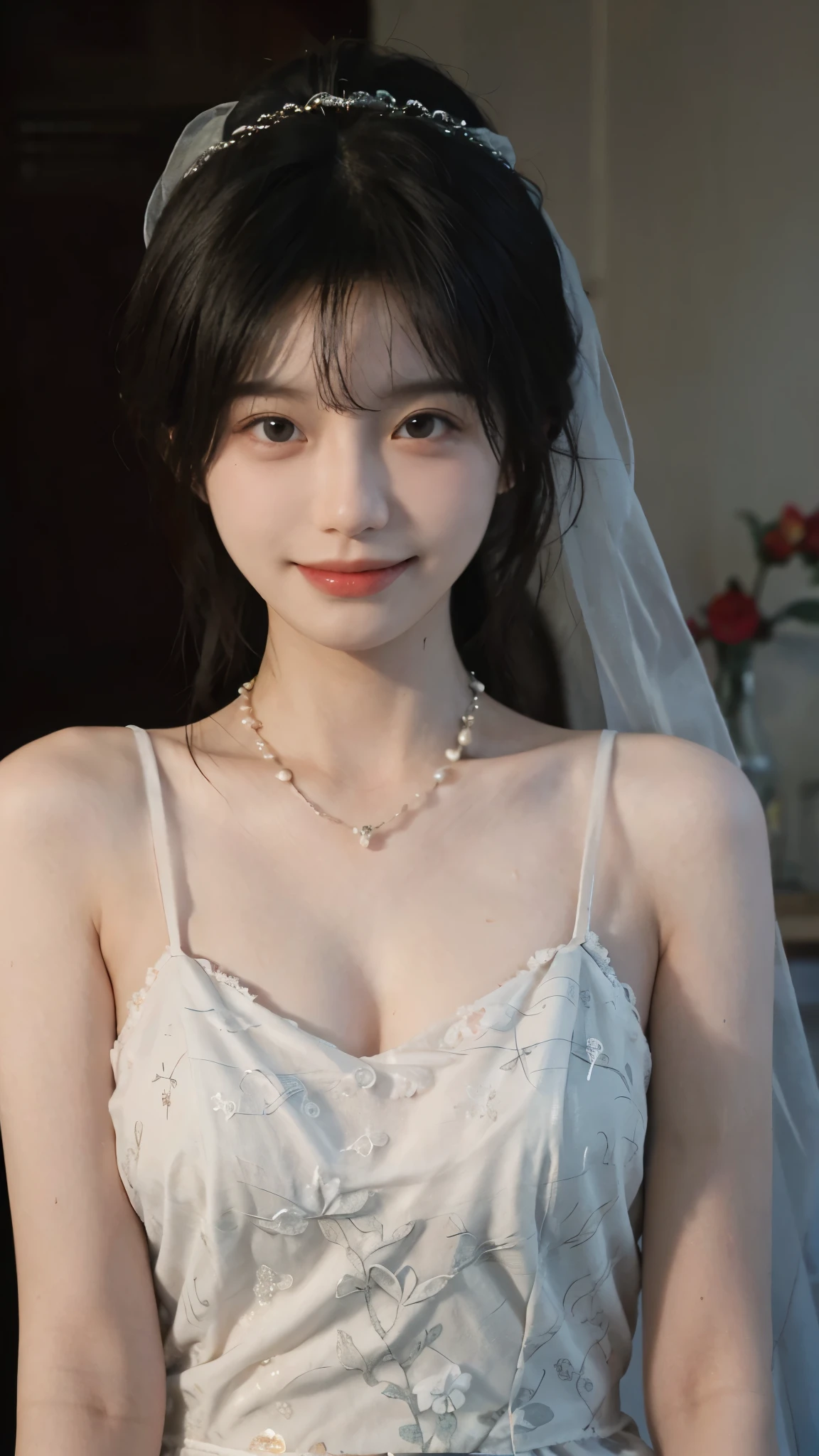 best quality, ultra high resolution, (realistically:1.4),cute hairpin,Baoyu Girl,Standing in the wedding hall,(flat chest:1.2) ,A pair of clear and charming peach blossom eyes,Royal sister,The sun shines on the face,Big wavy hairstyle,(necklace:1.2),(White skin:1.4),a sense of atmosphere,a beautiful girl, Smile,Looking directly at the viewer, Close-up cleavage ,(lifelike:1.4),1 girl,Sexy,(Upper body:1.4),(wet),(:1.2)