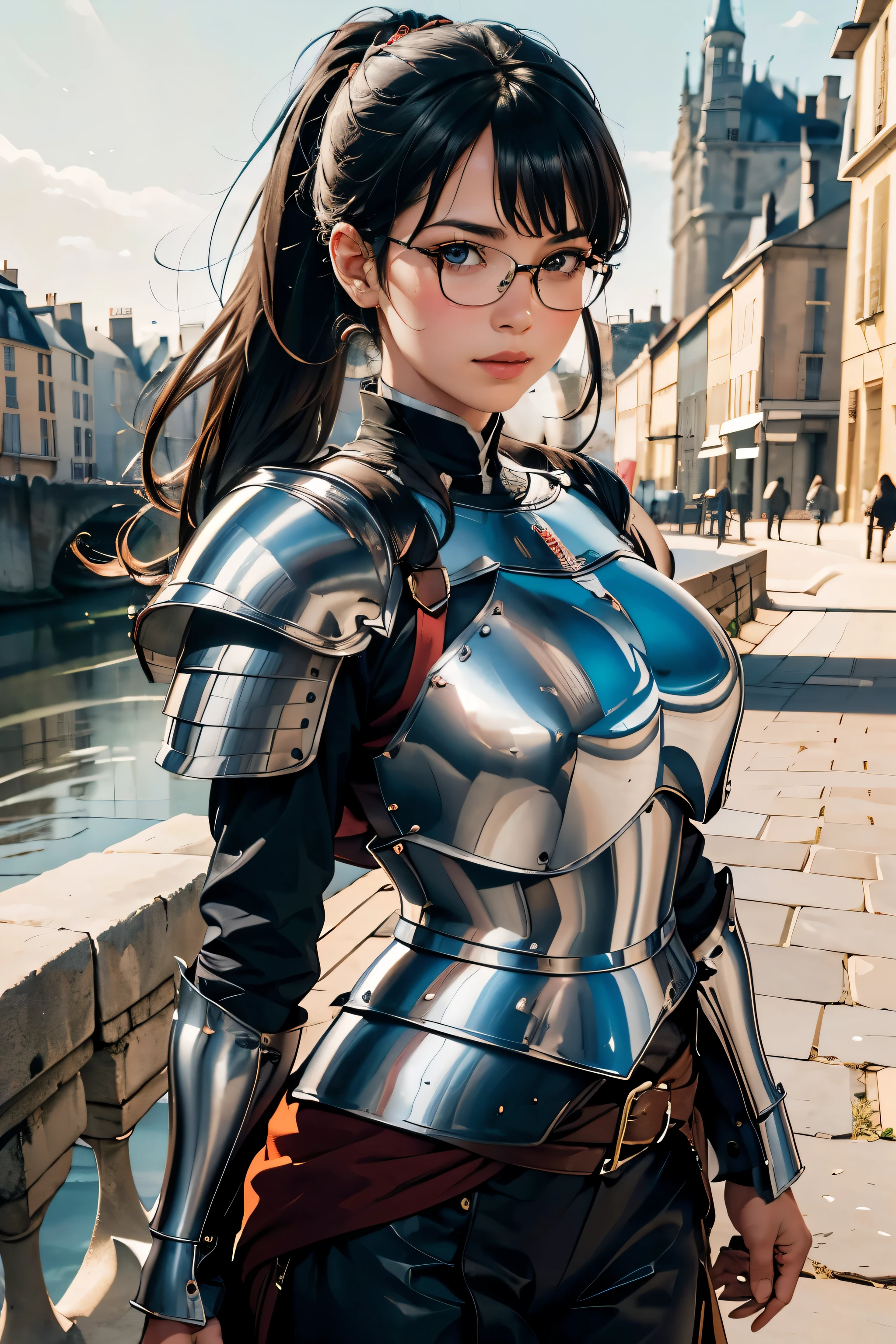 ((Wide angle view of the Hundred Years&#39; War in France)), beautiful young woman, black hair in a ponytail, smooth, wear glasses, สวมชุดเกราะของ Jeanne d&#39;Arc
