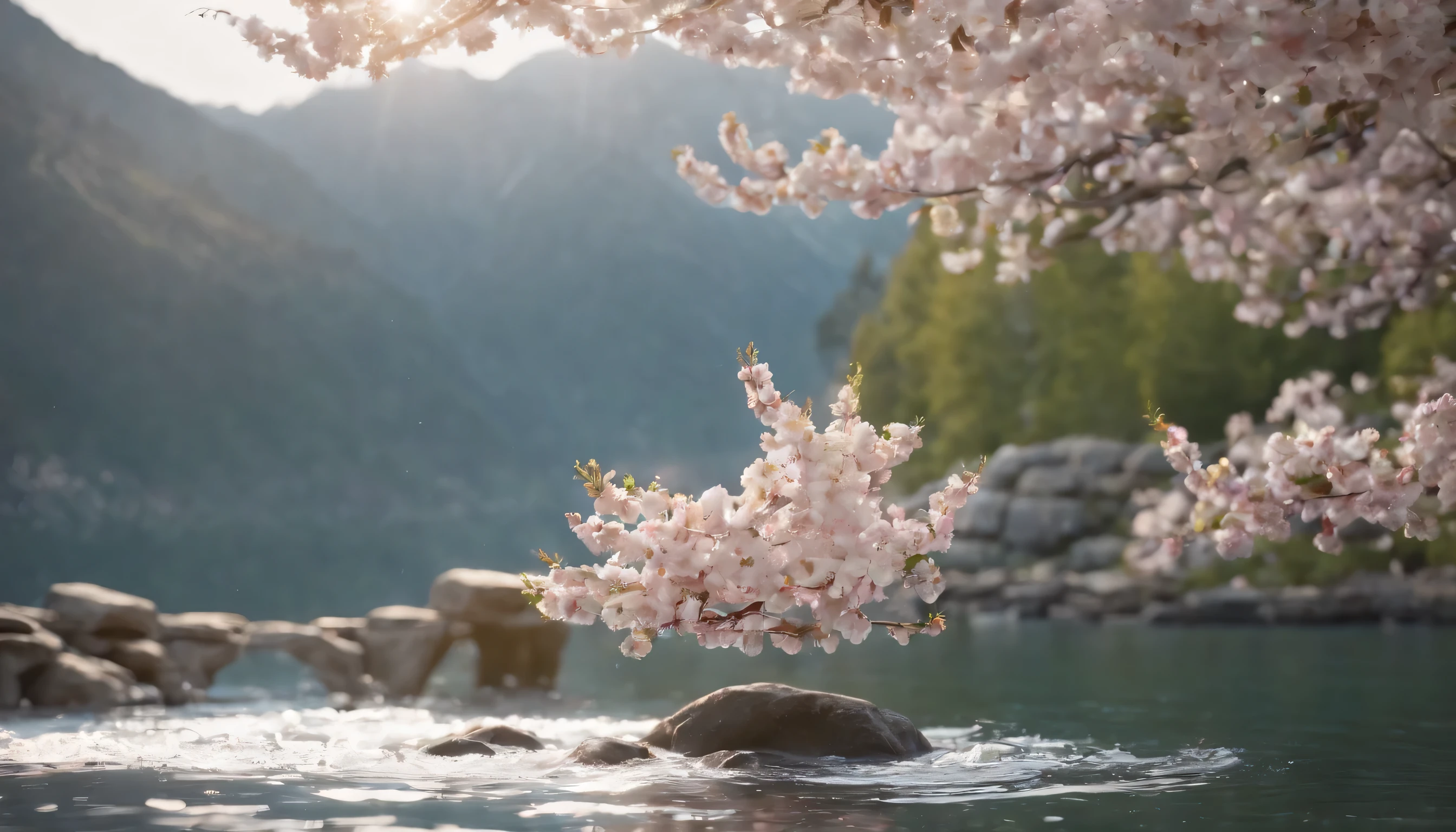 (Highly detailed CG Unity 8k wallpaper、masterpiece、highest quality、Super detailed)、(best lighting、best shadow、very delicate and beautiful)、highest quality、8k、Detailed facial depiction、masterpiece、highest quality、clear image quality、
Photo of cherry blossom petals falling on the water surface。