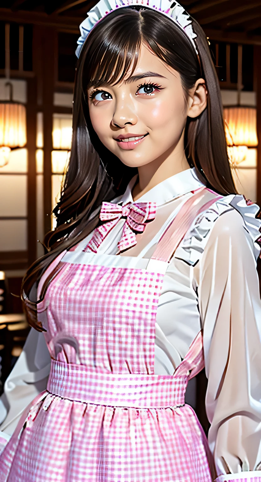 (masterpiece, highest quality:1.2), One girl, woman, 23 years old、 cute、(cuteメイド服を着ている), (Pink gingham check maid outfit:1.5)) Idol Style、smile、(おしゃれでcute喫茶店内:1.4)、whole body、(He brought me a tray of chocolate mint juice..;1.4)、summer、hot、White underwear、Soft Breasts