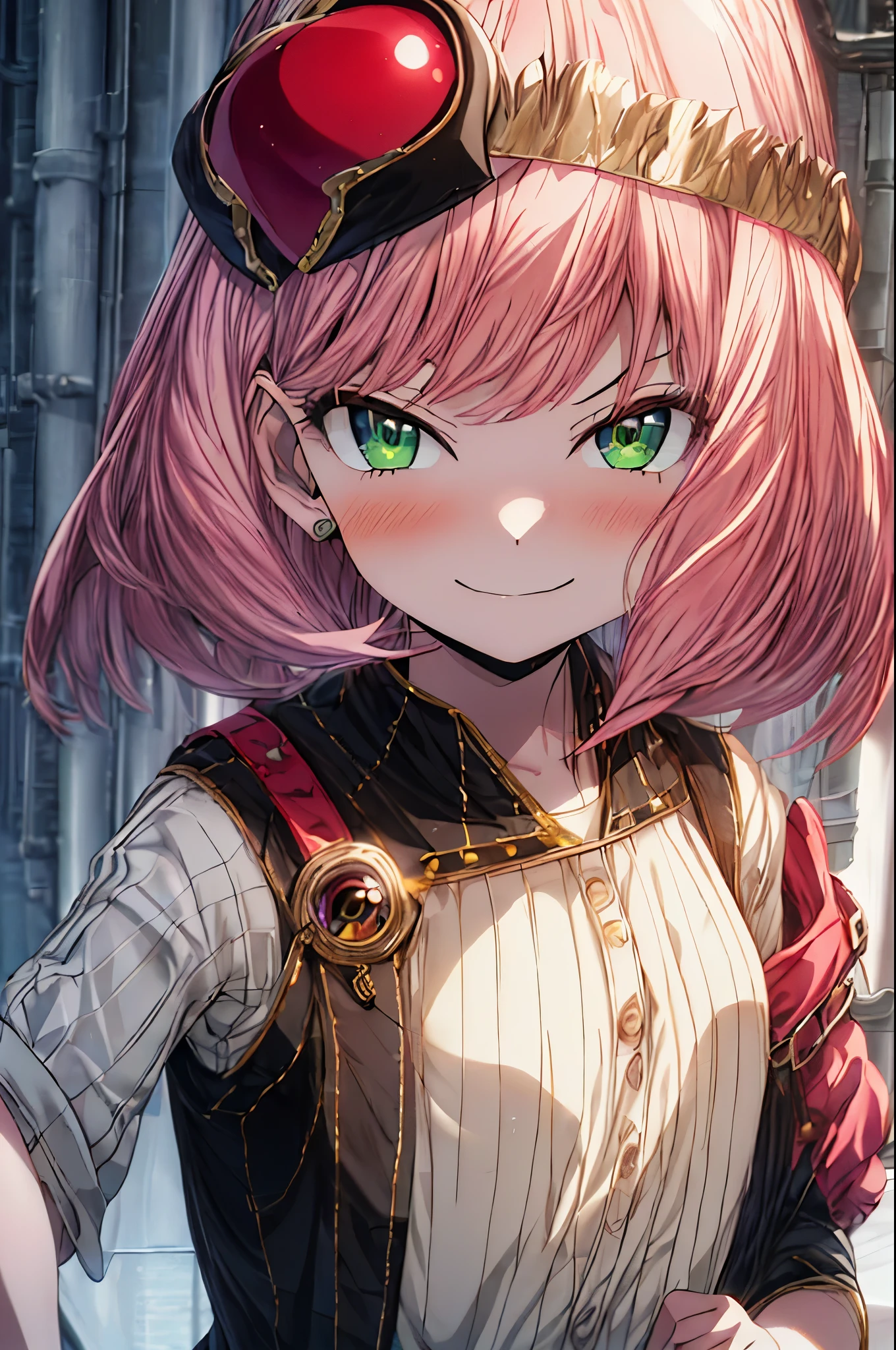 highest quality, masterpiece, High resolution, alone, {eye_forger_spy family:1.15}, pink_hair, woman_, , green_eye, Open_mouth, 前hair, 1 girl, closed_mouth, meme, Ahoge, upper_body, frown, Moderate_hair,smile,Red Randoseru,In town,(masterpiece:1.2), highest quality, High resolution, unity 8k wallpaper, (shape:0.8), (美しくて細かいeye:1.6), highly detailed face, perfect lighting, Very detailed CG, (perfect hands, perfect anatomy),