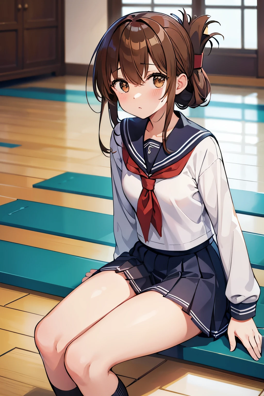 A girl in a sailor suit and a miniskirt who is not feeling well is sitting on the floor of the gymnasium and observing the clasasterpiece, best quality:1.2),illustration,8k,hd,1girl,solo,upper body,(portrait:1.2),brown_hair,folded_ponytail,brown_eyes,serafuku,long_hair,school_uniform,skirt,pleated_skirt,