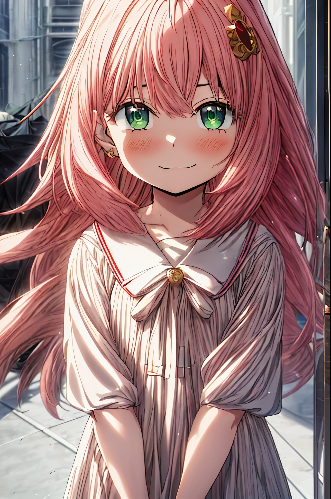 highest quality, masterpiece, High resolution, alone, {eye_forger_spy family:1.15}, pink_hair, woman_, , green_eye, Open_mouth, 前hair, 1 girl, closed_mouth, meme, Ahoge, upper_body, frown, Moderate_hair,smile,Red Randoseru,In town,(masterpiece:1.2), highest quality, High resolution, unity 8k wallpaper, (shape:0.8), (美しくて細かいeye:1.6), highly detailed face, perfect lighting, Very detailed CG, (perfect hands, perfect anatomy),