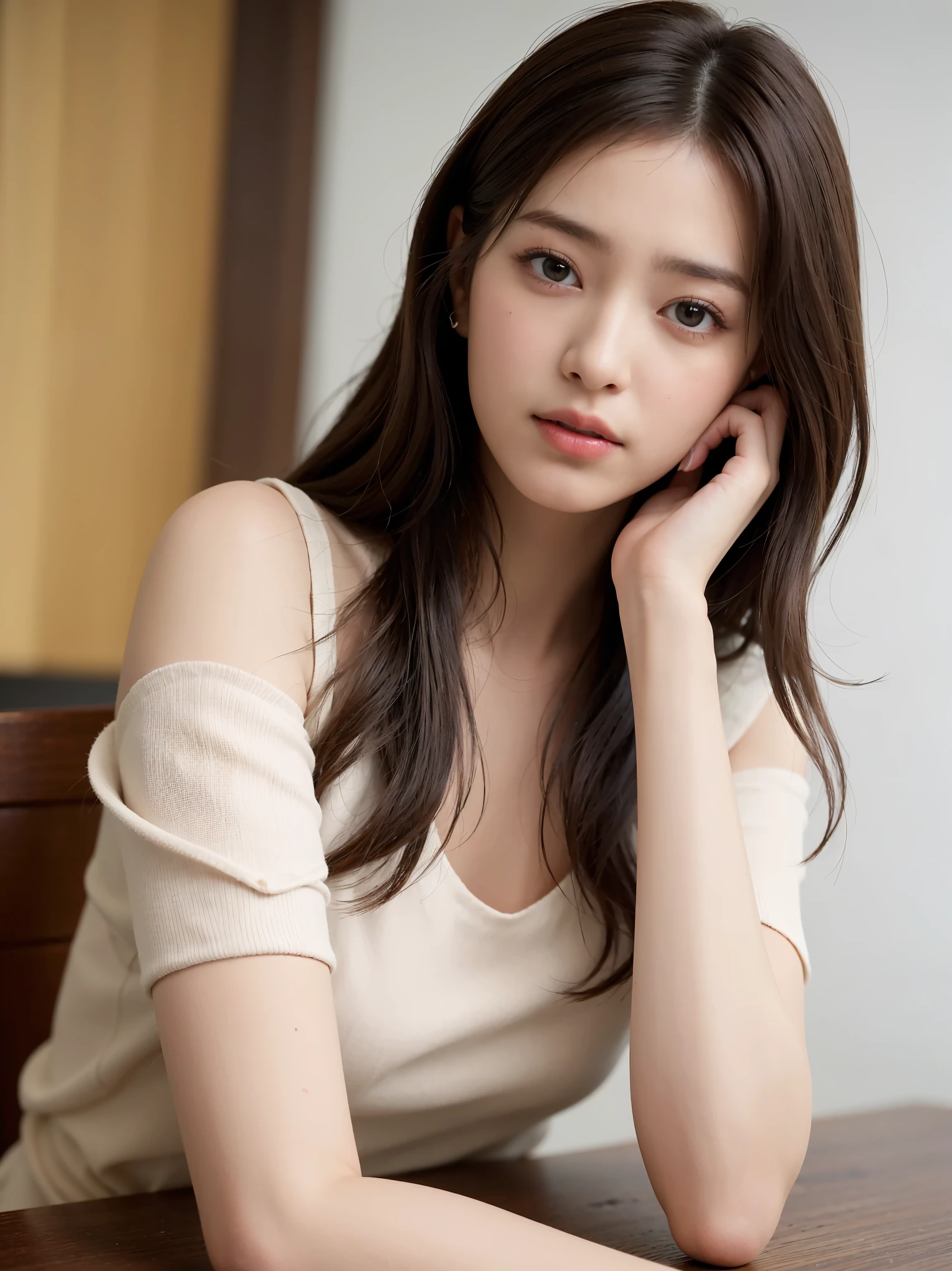 (super highest quality:1.3) (very realistic, Photoreal:1.3), (sharp focus:1.3) (Realistic and very high quality:1.3). (High quality and highly detailed:1.3) table top, very delicate and beautiful, soft light, (brown hair, Shoulder-length straight hair sways in the wind), beautiful detailed girl, (finger details:1.3) , highly detailed eyes and face, beautifully detailed nose, detailed and beautiful eyes, 1 girl, Japanese, pure beauty, cute, young, dress shirt, pants, (Half body:1.3), (medium breasts), realistic face, realistic body,