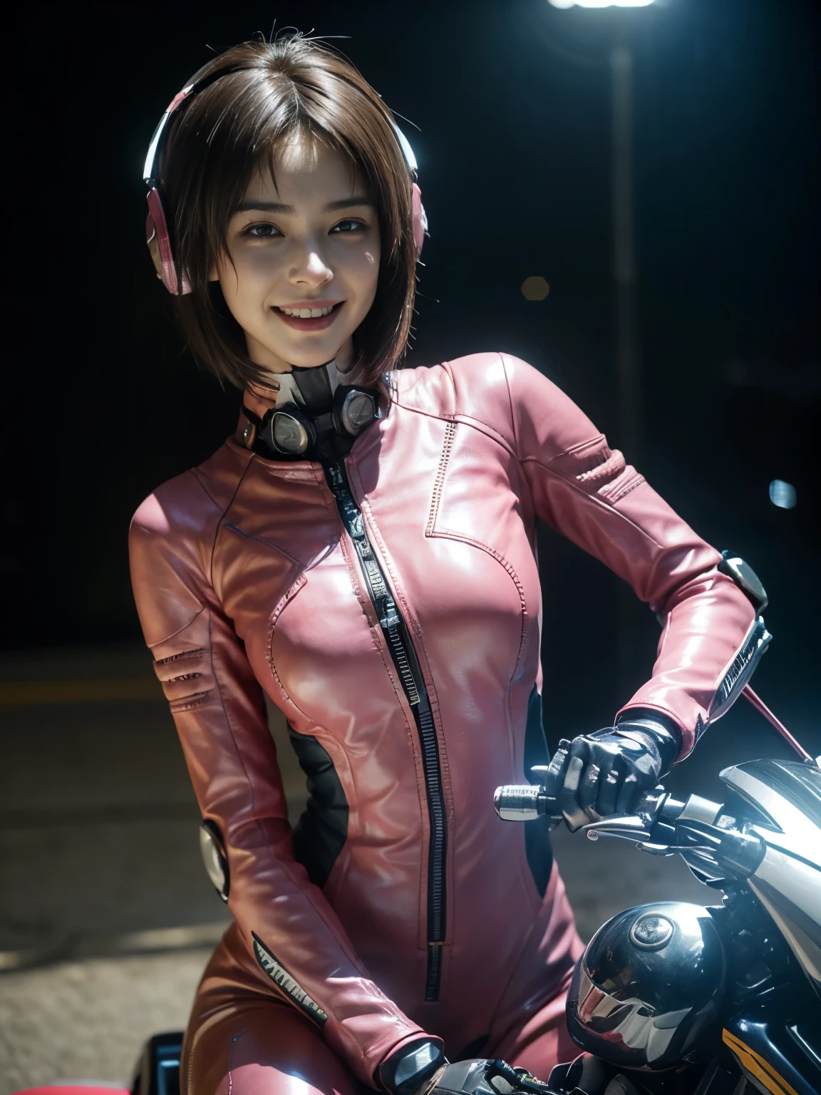 (((A woman with a mechanized body))), dynamic podium: 1.3), (realistic:1.5), (realistic:1.4), 8k, Super detailed beautiful girl, 1 girl, (a sunny day:1.5), intricate body details, (short: 1.3), (highest quality: 1.0), (Super high sharpness: 1.0), (thin hair:1.4),(Beautiful and delicate depiction of eyes),((((ride a motorcycle)))),unreal engine:1.4,photorealistic:1.4, skin texture:1.4, masterpiece:1.8,highest quality at best,(Wearing the communication headset、future city、((cybernetics))、((pink leather suit))、Metal fingers、long limbs、((joints are gears))、smile