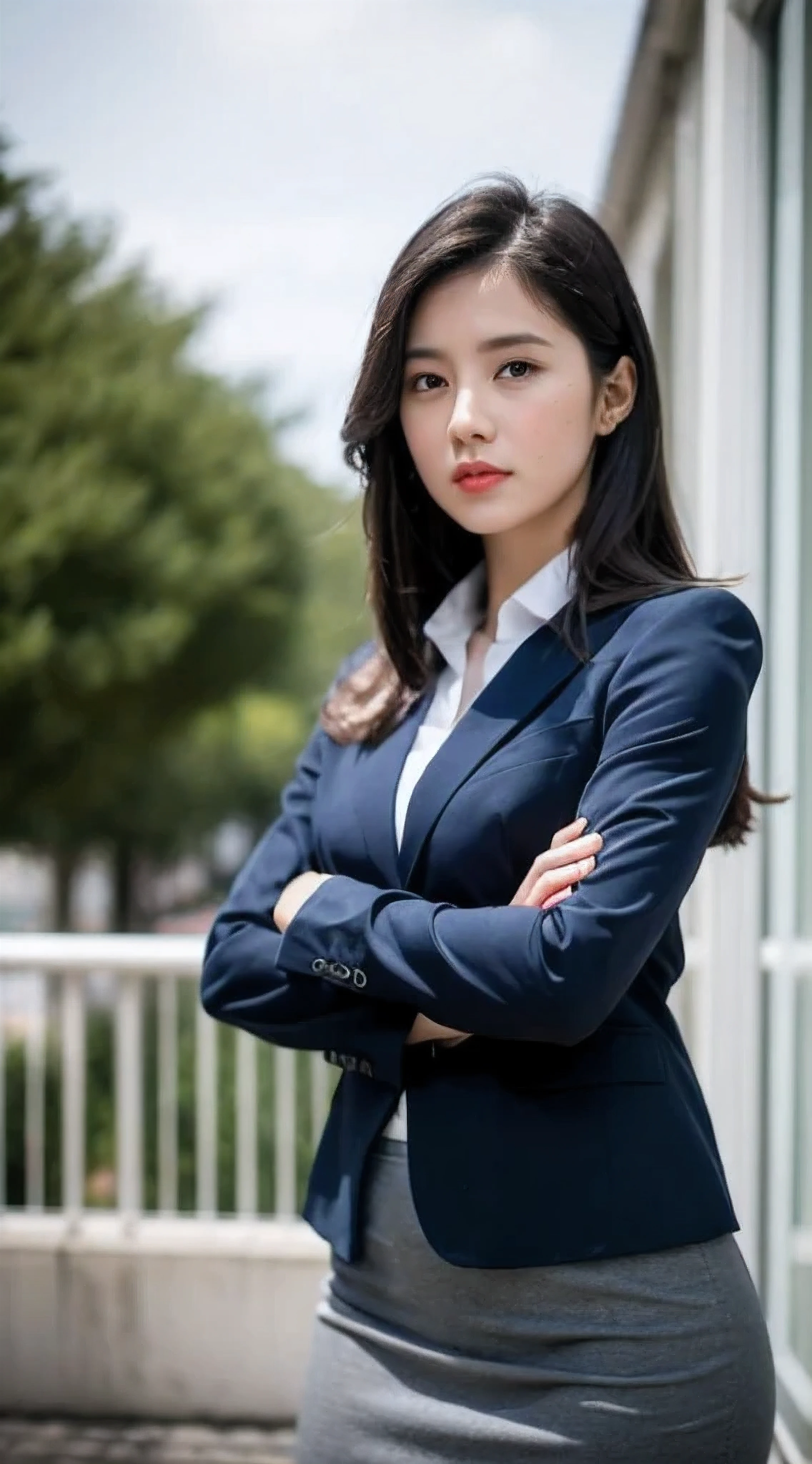 Professional image of a 25-year-old professional woman, Wear a navy blue business casual suit and hip skirt, Professional profile photo, Posing with arms crossed, Professional pictures, Professional profile picture, photo of a woman, businesswoman, lecturer, black hair, Slim, 8K HD