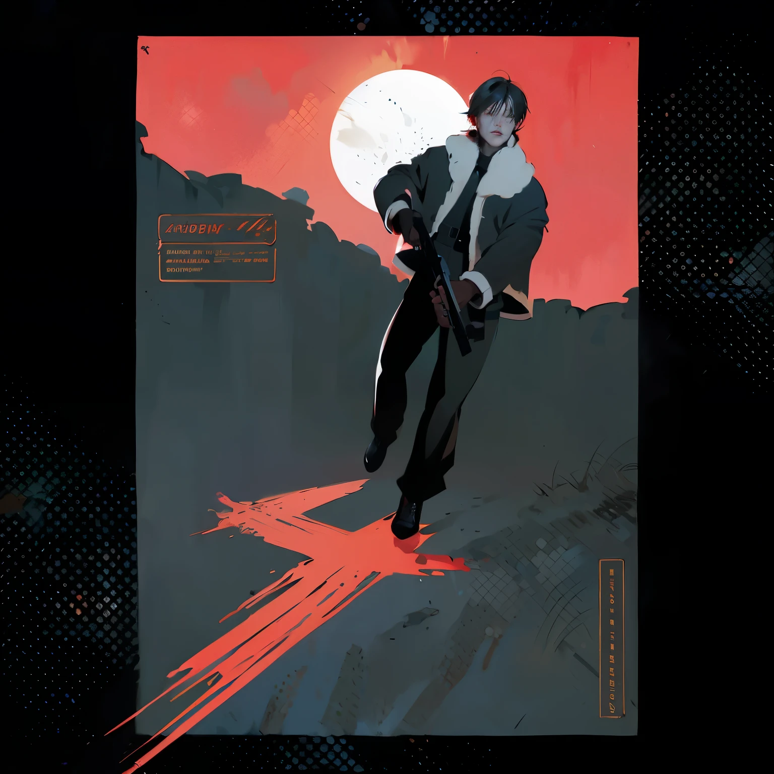 Leon Kennedy from resident evil 4 walking with a shotgun, night red sky, forest in the background, vintage horror movie poster, the shadow is a bloody 4, artstation, concept art, very detailed, very cool colors, art of the day, best art