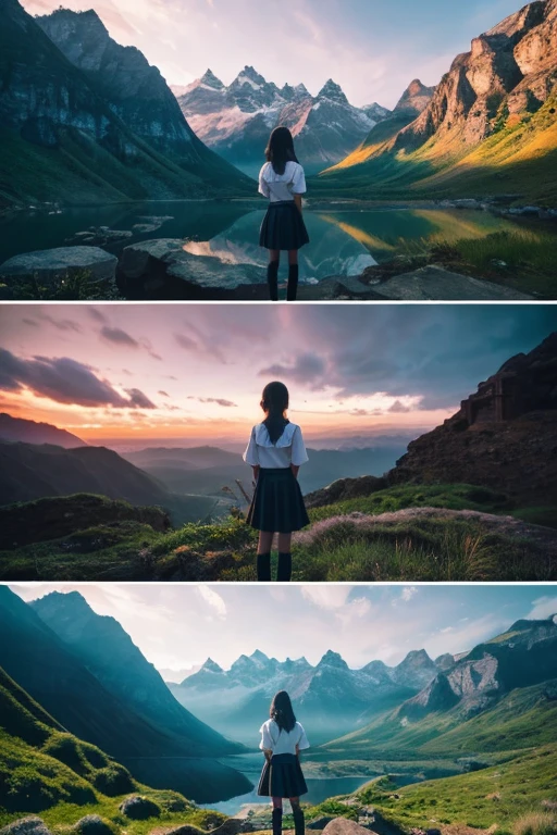 In the art of image generation, we aim to craft a narrative that transcends the ordinary. The protagonist of this narrative is a Japanese high school girl of incomparable beauty, standing front and center in a landscape that echoes the fantastical realms of Final Fantasy. She stands boldly, her gaze meeting ours, embodying a blend of youthful innocence and a burgeoning sense of adventure. Her traditional school uniform is a striking juxtaposition against the surreal backdrop, grounding the scene in a familiar reality amidst the fantastical. The backdrop is a spectacle of nature's grandeur, with majestic mountains, verdant forests, and sparkling bodies of water under the soft hues of a twilight sky. The colors are rich and the details are painstakingly rendered, from the delicate textures of the foliage to the gentle undulations of the water. The image quality is impeccable, offering a clarity and depth that invites the viewer into the scene. The girl's portrayal is both realistic and enchanting. Her hair, tousled by a soft breeze, frames her expressive face. Her eyes, wide with awe and wonder, reflect the magic of the world around her. The image is so vivid, so engaging, that it feels as if you could reach out and touch the scene, join her in this extraordinary journey. This is not merely an image; it's a visual narrative. It's a testament to the power of image generation, where reality and fantasy intertwine, and where a Japanese high school girl can be the heroine of a world reminiscent of Final Fantasy.