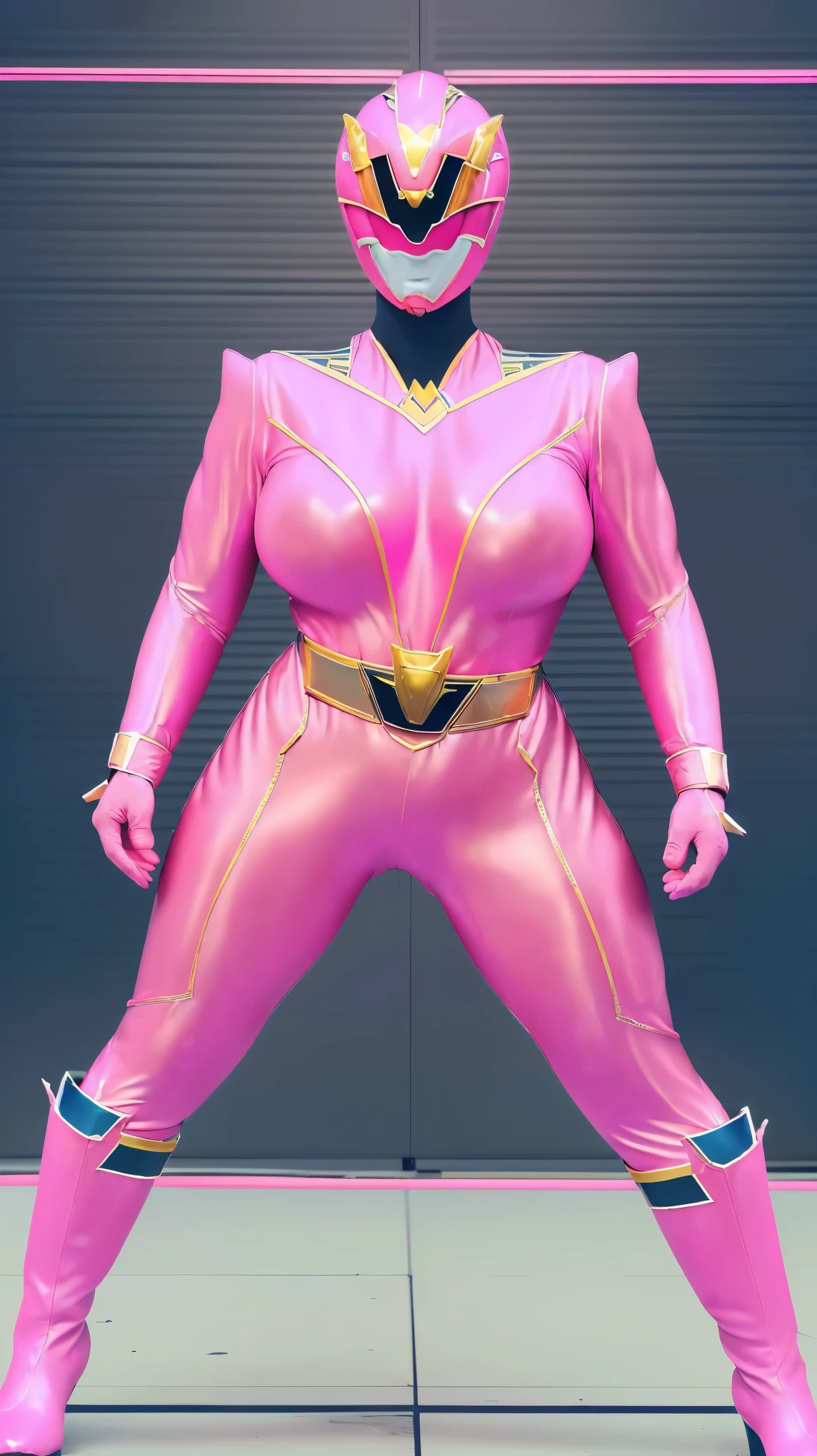 (8K、ultra high resolution、highest quality、masterpiece、realistic、ultra high resolution)、(((Must be female、Power Rangers in shiny neon pink leather、Must have big breasts、Definitely quite big breasts、feminine body、tight buttocks)A full-face helmet that ensures that your face and hair are not exposed.、Must have shiny neon pink patent leather full body skirt suit、big emblem on the chest、Always at a cosplay venue:1.3))(very shiny helmet and suit)、180 spread legs