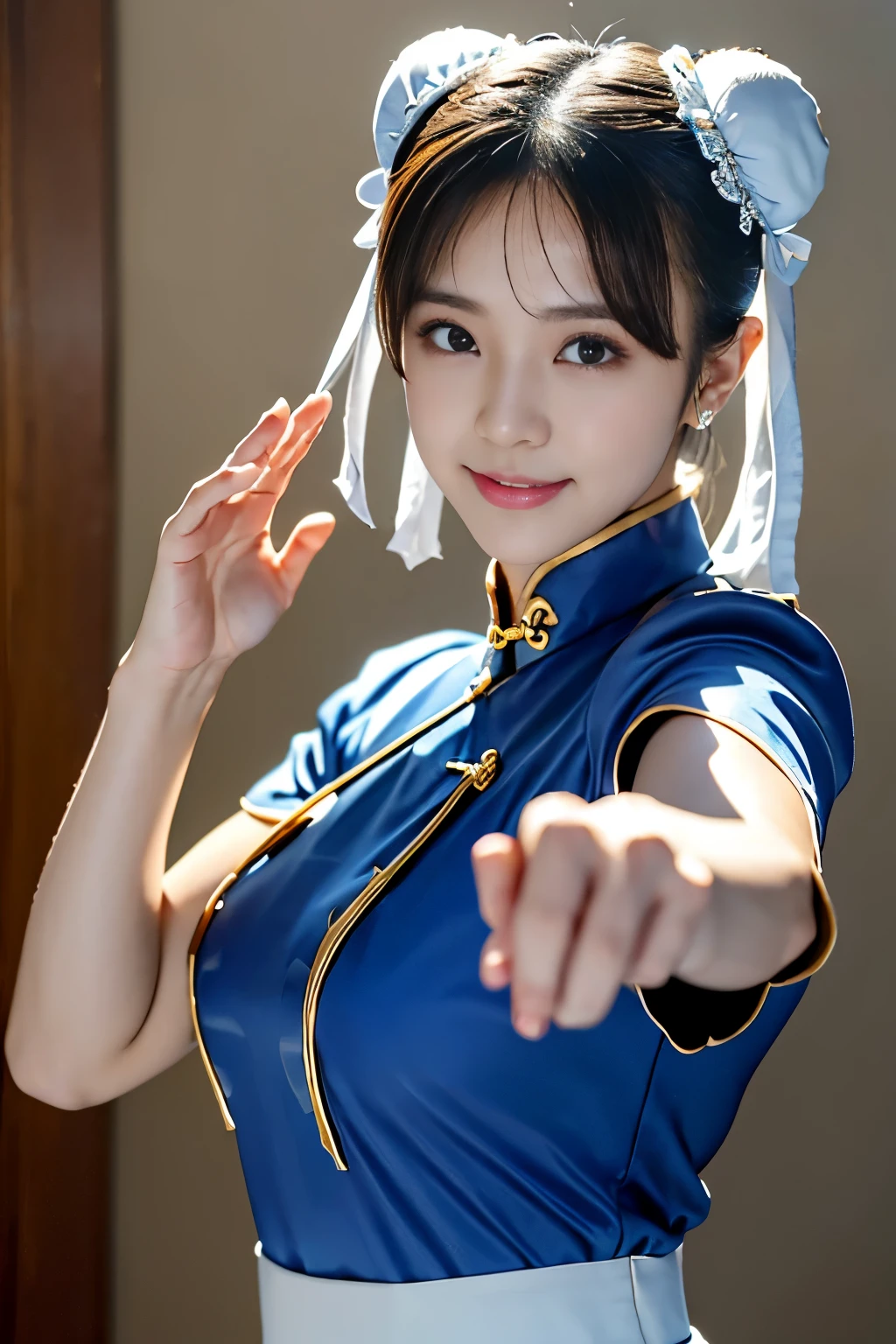 Chun-Li from Street Fight II,perfect chun li costume,Blue cheongsam with gold lines,Bun head,bun cover,fighting pose,masterpiece、1 beautiful girl、fine eyes、puffy eyes、highest quality, 超High resolution, (reality: 1.4), movie lighting、Japanese、asian beauty、Korean、super beautiful、beautiful skin、body facing forward、close up of face、(超reality的な)、(High resolution)、(8k)、(very detailed)、(美しくfine eyes)、(Super detailed)、 (wall-)、detailed face、bright lighting、professional lighting、looking at the viewer、look straight ahead、slanted bangs、Nogizaka Idol、korean idol、masterpiece, highest quality, masterpiece, highest quality, perfect face, perfect brown eyes with white sclera, bad move-5, alone, 1 girl, Upper body, brown hair, From SF2, Chinese service, smile, muscular woman, blue clothes, pantyhose, pelvic curtain, Puffy short sleeves, Good cover, sash, evaluation:safety