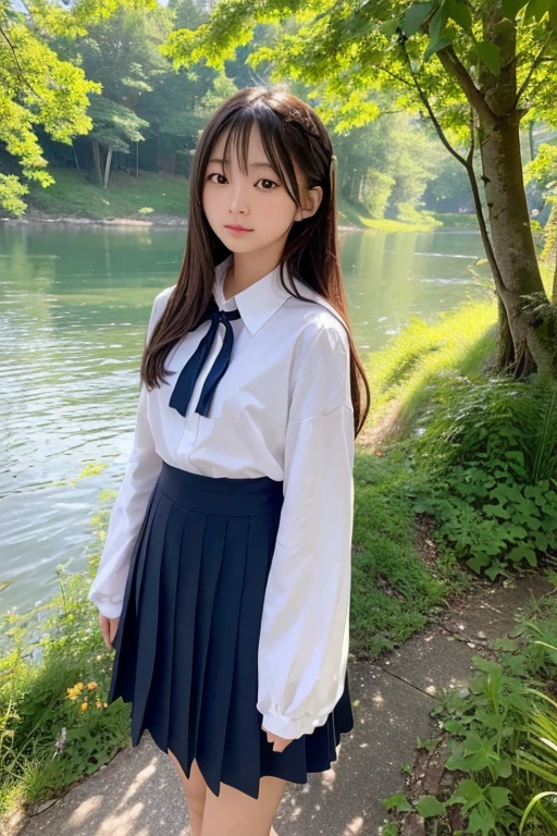 In the art of image generation, we aim to craft a narrative that transcends the ordinary. The protagonist of this narrative is a Japanese high school girl of incomparable beauty, standing front and center in a landscape that echoes the fantastical realms of Final Fantasy. She stands boldly, her gaze meeting ours, embodying a blend of youthful innocence and a burgeoning sense of adventure. Her traditional school uniform is a striking juxtaposition against the surreal backdrop, grounding the scene in a familiar reality amidst the fantastical. The backdrop is a spectacle of nature's grandeur, with majestic mountains, verdant forests, and sparkling bodies of water under the soft hues of a twilight sky. The colors are rich and the details are painstakingly rendered, from the delicate textures of the foliage to the gentle undulations of the water. The image quality is impeccable, offering a clarity and depth that invites the viewer into the scene. The girl's portrayal is both realistic and enchanting. Her hair, tousled by a soft breeze, frames her expressive face. Her eyes, wide with awe and wonder, reflect the magic of the world around her. The image is so vivid, so engaging, that it feels as if you could reach out and touch the scene, join her in this extraordinary journey. This is not merely an image; it's a visual narrative. It's a testament to the power of image generation, where reality and fantasy intertwine, and where a Japanese high school girl can be the heroine of a world reminiscent of Final Fantasy.