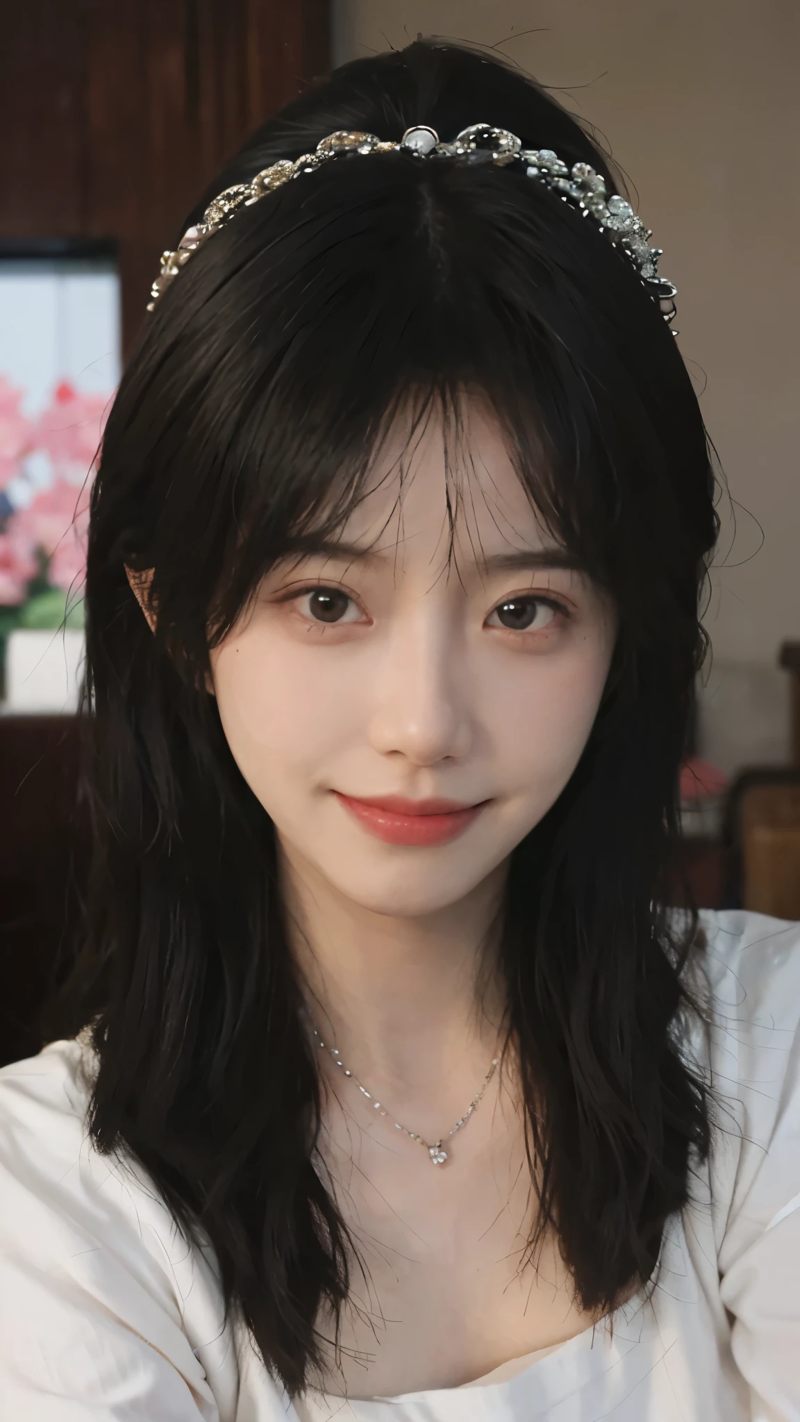 best quality， ultra high resolution， （realistically：1.4），cute hairpin，Baoyu Girl，Standing in the wedding hall，（flat chest：1.2） ，A pair of clear and charming peach blossom eyes,Royal sister，The sun shines on the face，Big wavy hairstyle，（necklace：1.2），（White skin：1.4），a sense of atmosphere，a beautiful girl， Smile，Looking directly at the viewer， Close-up cleavage ，(lifelike:1.4),1 girl,Sexy,(Upper body:1.4),(wet),(:1.2)