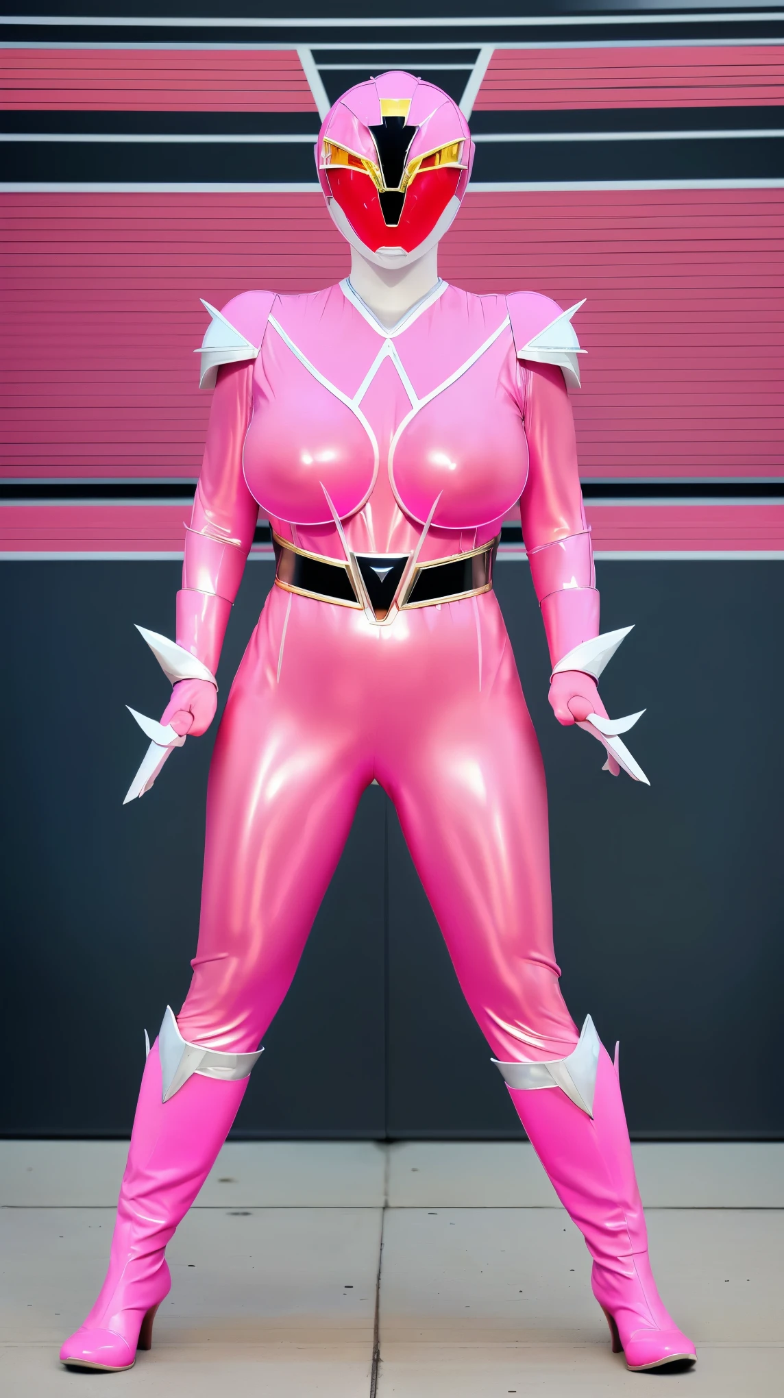 (8K、ultra high resolution、highest quality、masterpiece、realistic、ultra high resolution)、(((Must be female、Power Rangers in shiny neon pink leather、Must have big breasts、Definitely quite big breasts、feminine body、tight buttocks)A full-face helmet that ensures that your face and hair are not exposed.、Must have shiny neon pink patent leather full body skirt suit、big emblem on the chest、Always at a cosplay venue:1.3))(very shiny helmet and suit)、180 spread legs