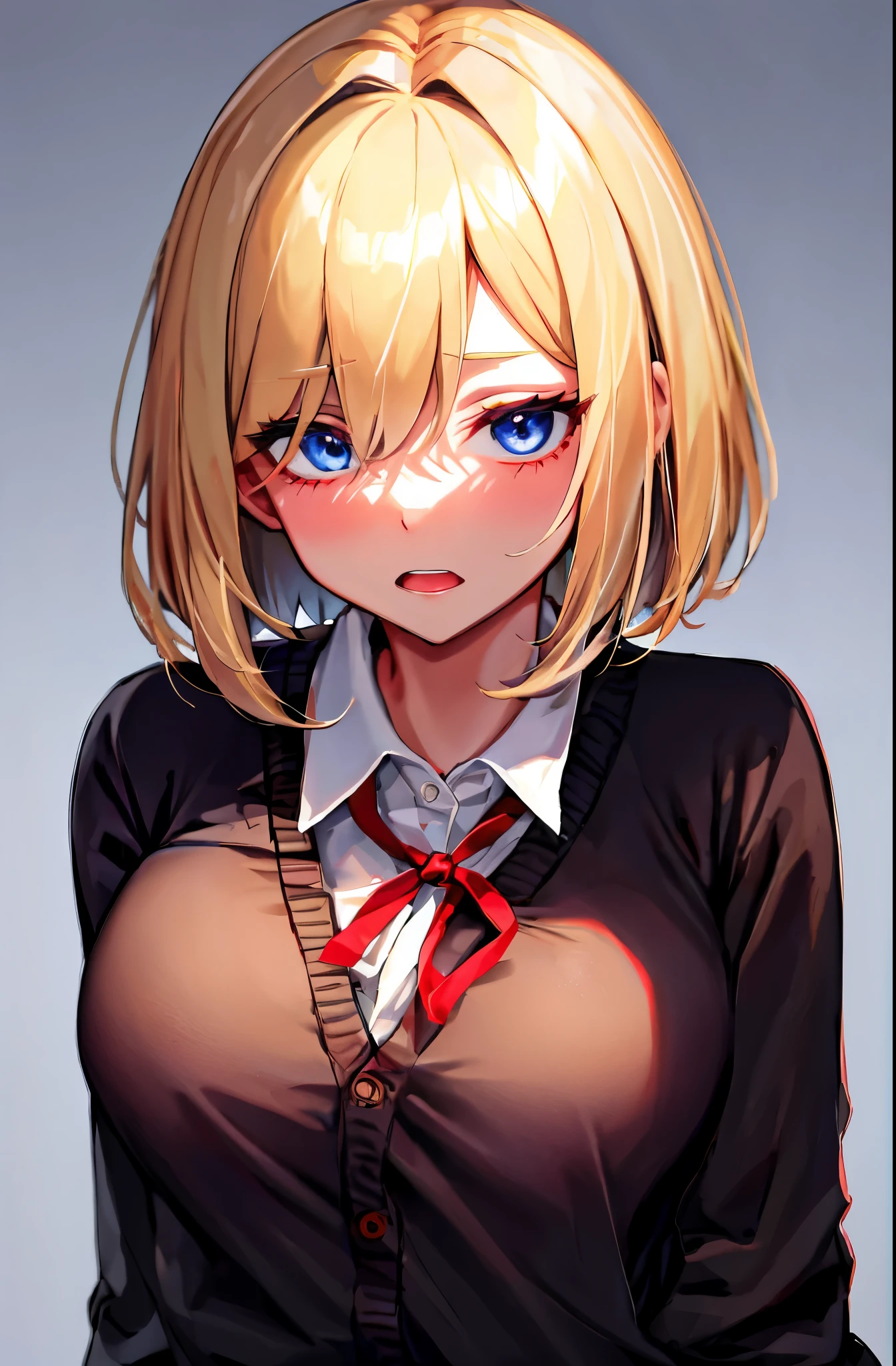 solo,Portrait,gal,1Girl,jitome, blue eyes,hair over one eye,large breasts,brown skin,BREAK,gold hair,straight bob cut,BREAK,School Uniforms,dark grey short pleated skirt,BREAK,sleeves past wrists black baggy cardigan,BREAK,inner wear is white collared-shirt, BREAK,It's loose red Thin ribbon