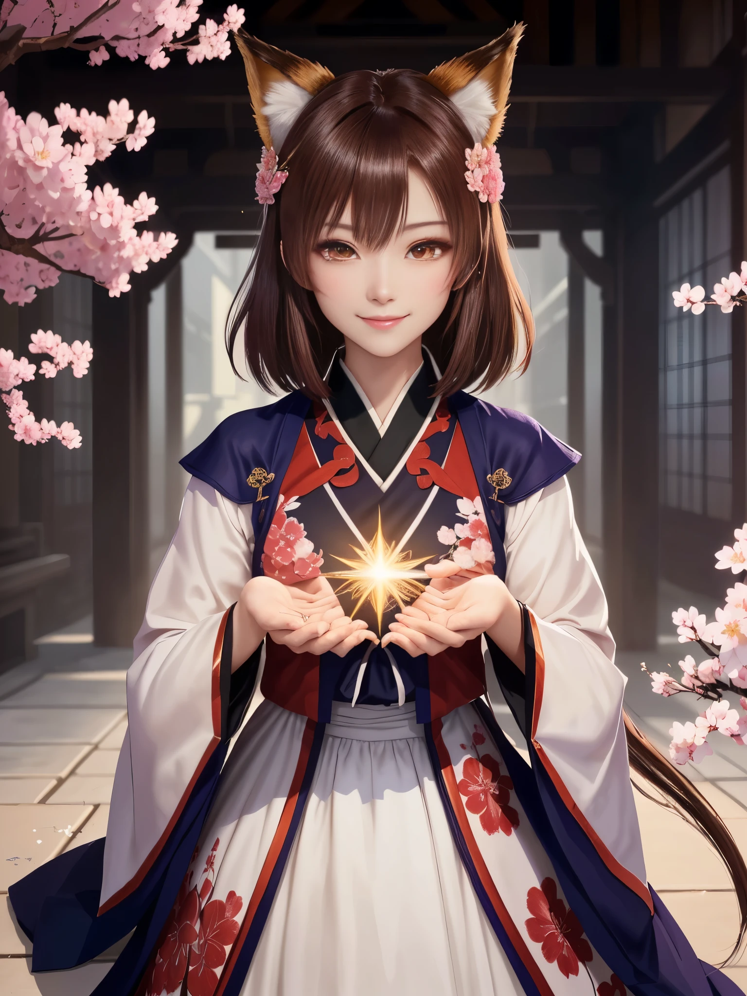 masterpiece , best quality,close up of face,smile,smile,the whole body is facing forward,肩のexposed,exposed,bright brown hair,slender body shape,brown eyes,sharp contrast,short hair,美しいフォルムのshort hair,just one person,precision quality,Faithfully reproduced eyes, 一面に咲くcherry blossom background,masterpiece, 幻想的なcherry blossom background,cherry blossom background,beautiful details, colorful, delicate details, delicate lips, intricate details, genuine, ultrargenuineista, 枝に座っている色とりどりの髪のFoxを持つ女の子:Mature, bright eyes, ,色とりどりのFox, raposa de nine tails, 三尾Fox, 三尾Fox, onmyoji detail art, beautiful fine art illustration, mythical creatures, Fox, beautiful digital art,shrine maiden,hold hands,exquisite digital illustration, mizutsune, Inspired by mythical wild web creatures, pixiv in digital art, shining light, high contrast, Mysterious,