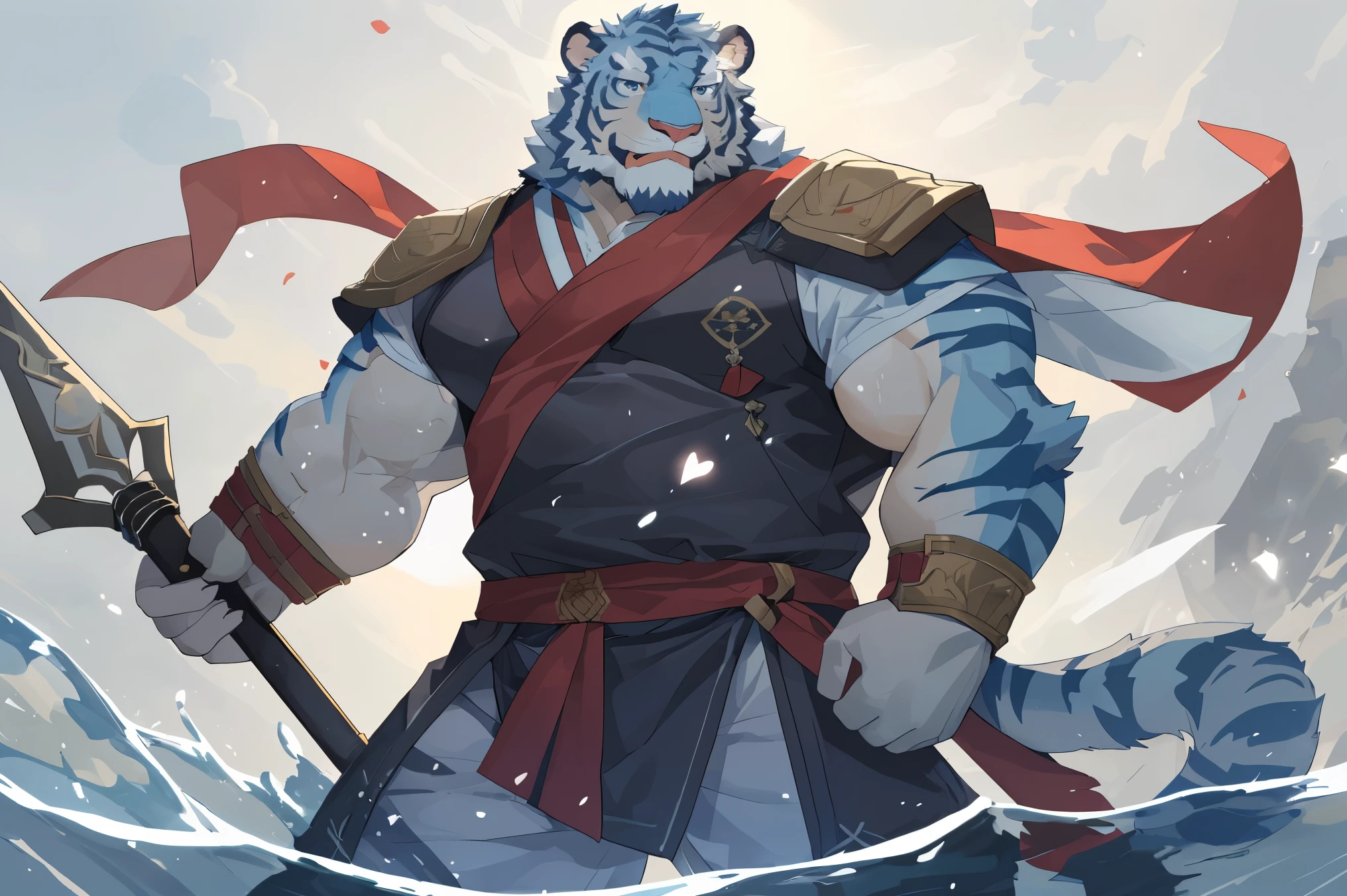 (淡蓝色tiger),(流水蓝general战袍),Holding a halberd,Powerful posture,A hearty laugh,(The background is a plateau of vicissitudes of life),abdominal muscles,covered in wounds,完美的masterpiece,Various facial details,distance perspective,specific description,masterpiece,cg,(light blue eyes),Light blue pattern,Light blue tail,general,heroic posture,tiger,Light blue fur,Concrete facial details,Half body,(Water texture combat boots),(Chang Ling),(middle aged),face focus,16k,HD