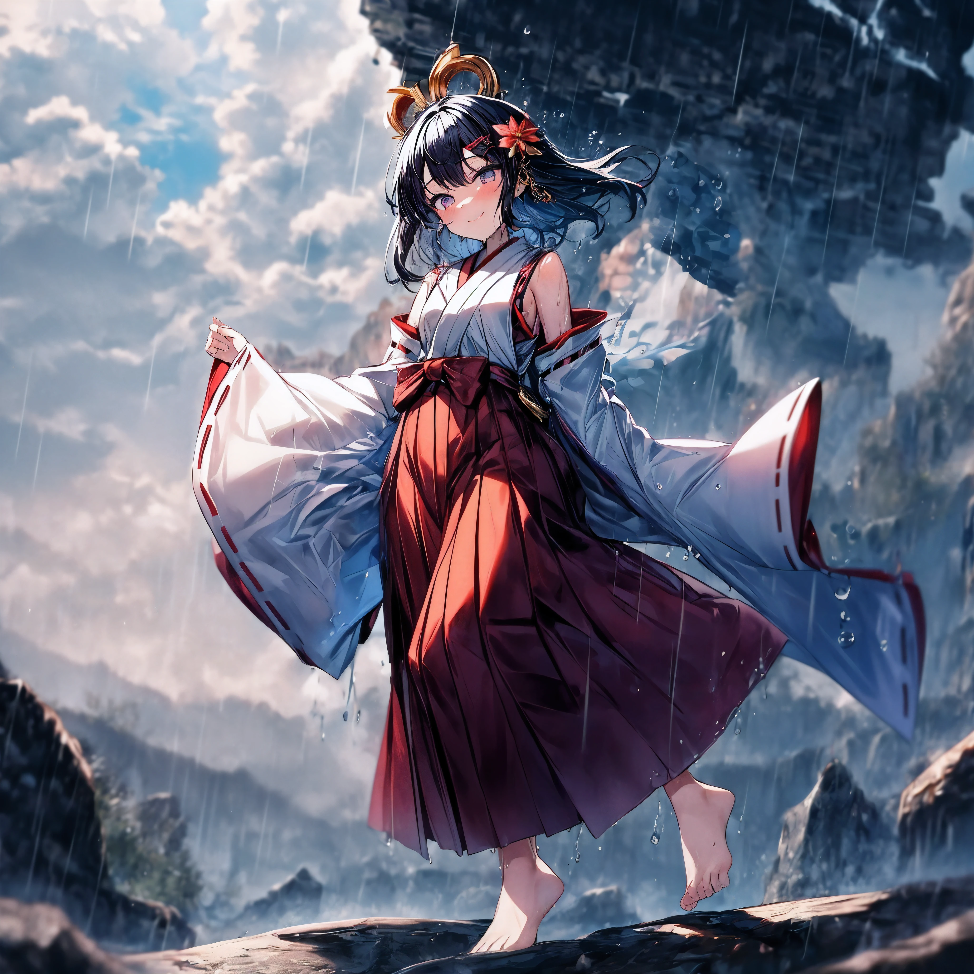 (wide angle), bitter smile, Atmospheric distance perception, Aesthetic, complicated, prize, chiaroscuro, most的质量, masterpiece, Detailed background, shining, (hazy atmosphere:1.2), (cloudy day), rich and colorful, (A 7 year old girl:1.2), (Very young little girl), (alone), (small breasts:1.2), barefoot, Black hair is casual and provocative, thick hair, wear (Miko costume) Shrine witch's, (Purity and tradition) Miko costume, Textured Miko costume, white kimono (soak) and stick tightly to the body, wet translucent fabric, Also available in gorgeous red, most、The finest wrinkles and creases, golden crown hairpin, ancient god (dance), elegant steps, shine in lightning, On the cliff near the shrine, (charming, surreal), Damp stones, (暴风rain的), Divine essence, Sophisticated rock scene, Beautiful cliff scene, Exquisite shrine, rain, raindrop, rainstorm, Strong wind, real location