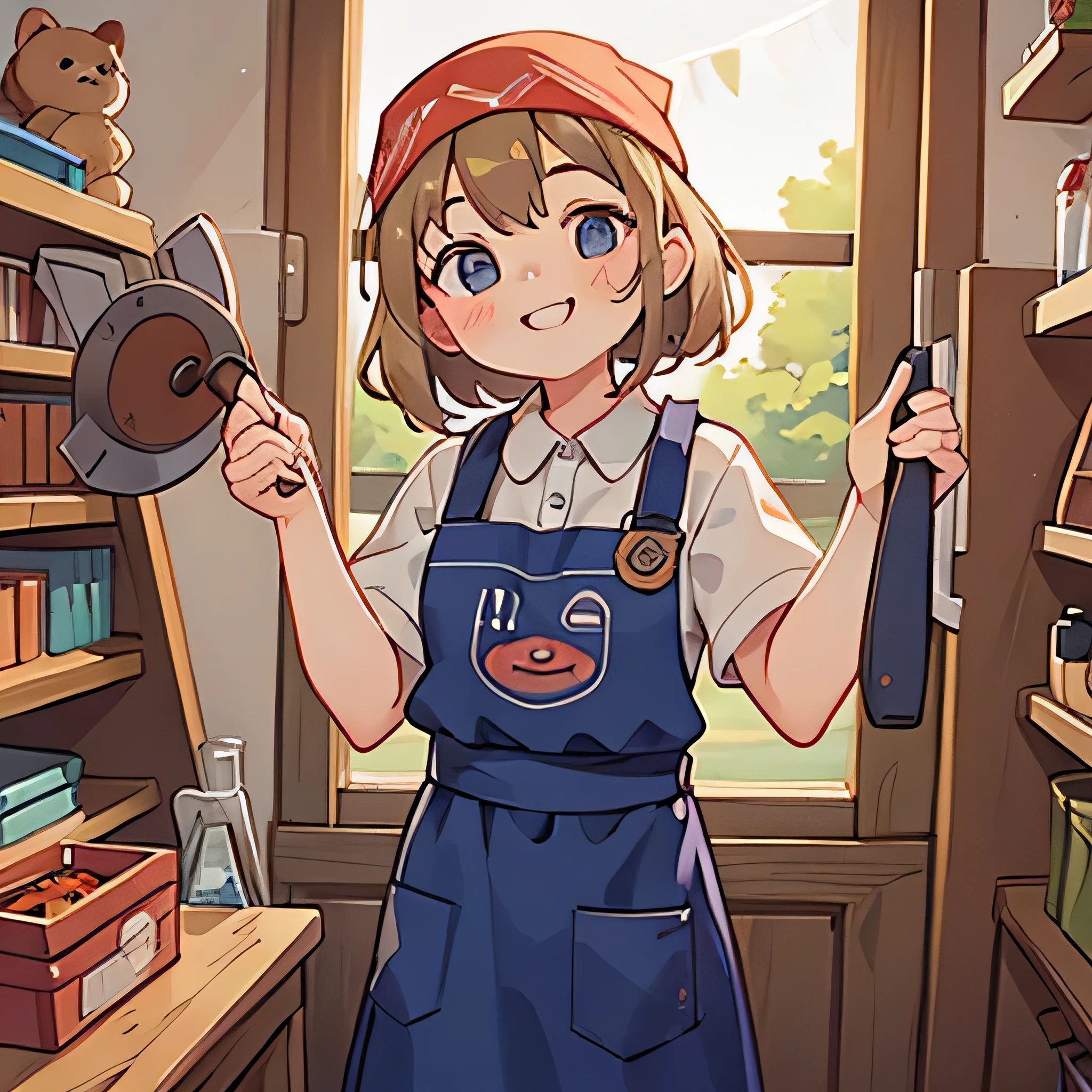 Female middle-aged Tool store owner smile apron bandana