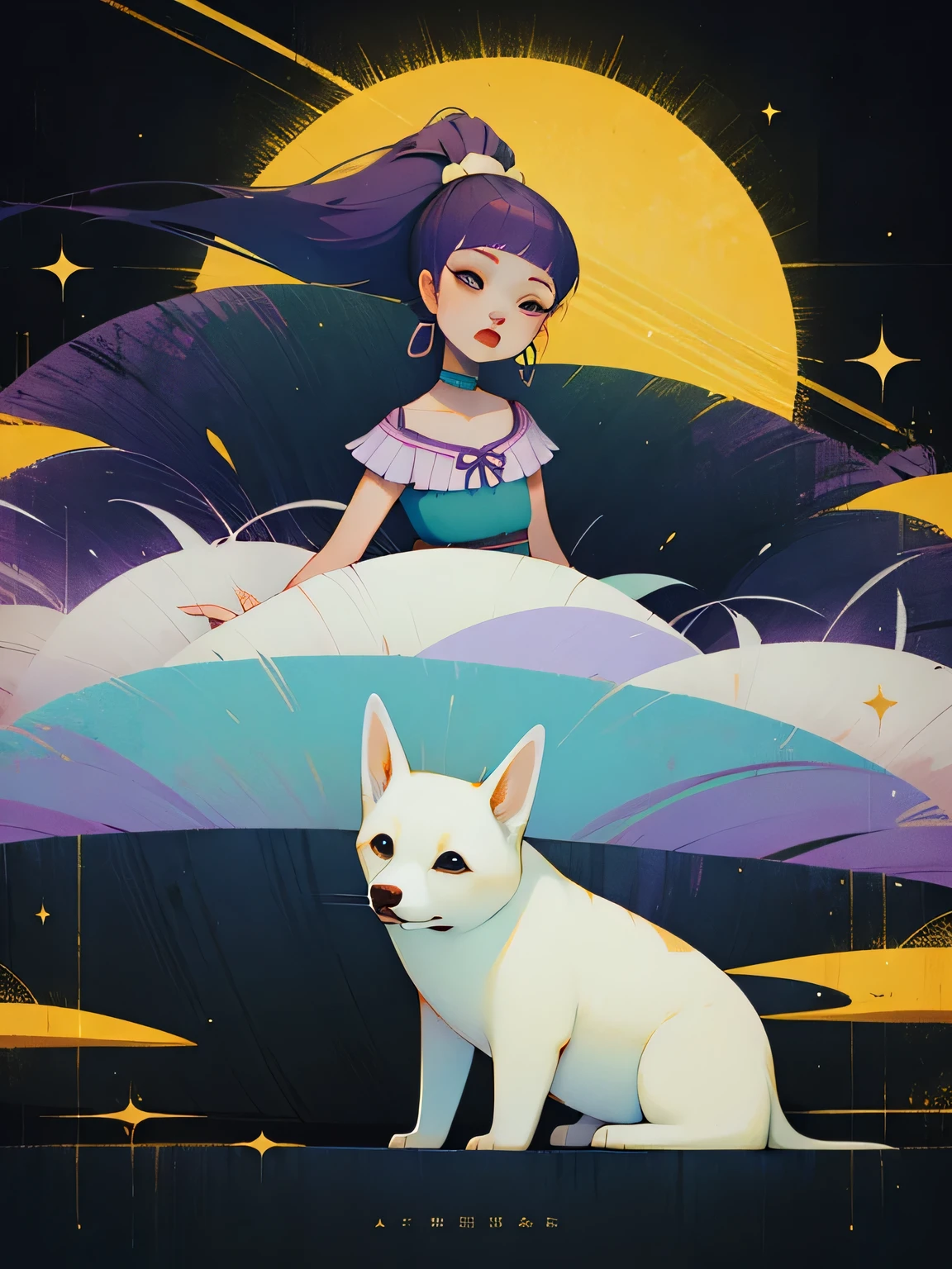 1 girl, A small white chihuahua is resting at my feet,whole body, young,low length, african girl driver, dark face、light purple spiky hair、Gathered into a ponytail at the top of the head ,African national costume turquoise and lemon colored short top