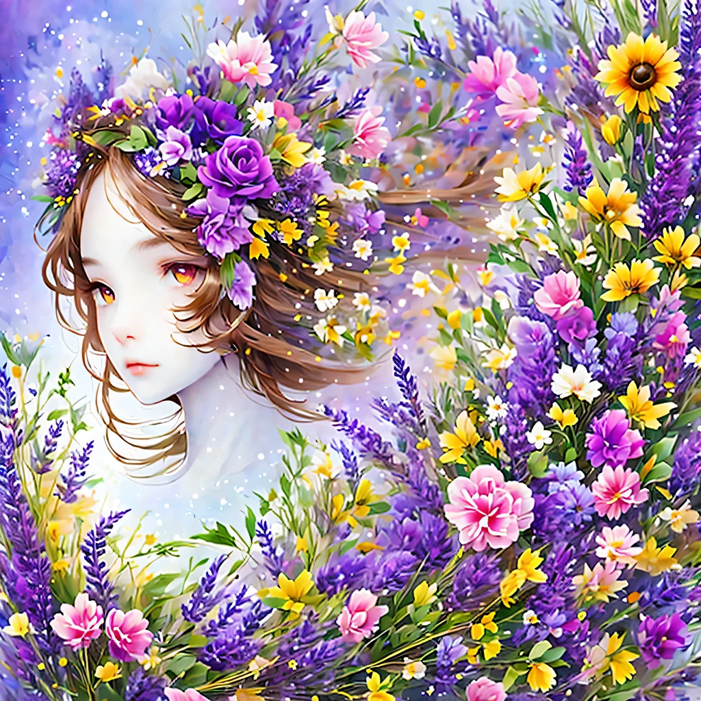 1 girl, naked, animal ears, purple eyes, brown hair, wing, alone, long hair, blush, Cat ears, flowers, looking at the audience, braid, bow, skirt, pink flowers, bow, hair accessories, Bangs, Cat, hair flower, animal ear hair, Keep, Virtual YouTuber, blue bow, Keep animal, Cat女, stuffed toys