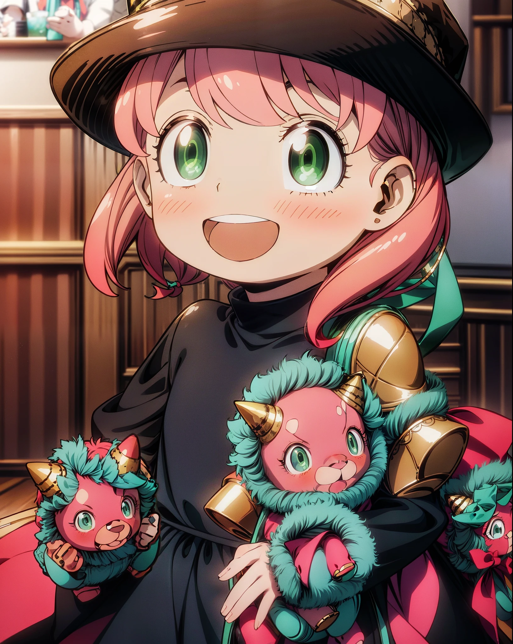 a anime girl with pink hair anD green eyes pointing at something with a surpriseD look on her face anD a black cat hat, (1 girl:0.992), (:D:0.583), (bangs:0.701), (blush:0.584), (green eyes:0.992), (looking at the viewer:0.711), (open your mouth:0.760), (pink hair:0.917), (ribbon:0.826), (short hair:0.571), (smile:0.855), (alone:0.949), (teeth:0.770), (upper boDy:0.760),Red Randoseru,In town,(masterpiece:1.2), highest quality, High resolution, unity 8k wallpaper, (shape:0.8), (beautiful and detailed eyes:1.6), highly detailed face, perfect lighting, Very detailed CG, (perfect hands, perfect anatomy),