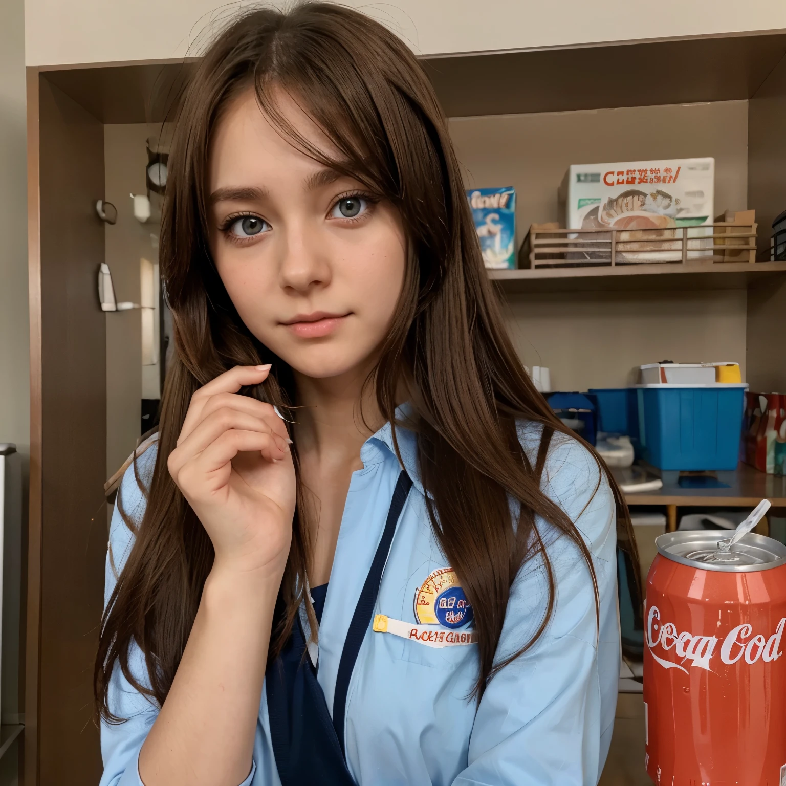 Anime girl, brown long hair, blue eyes, beautiful, grab can of soda, wearing school uniform