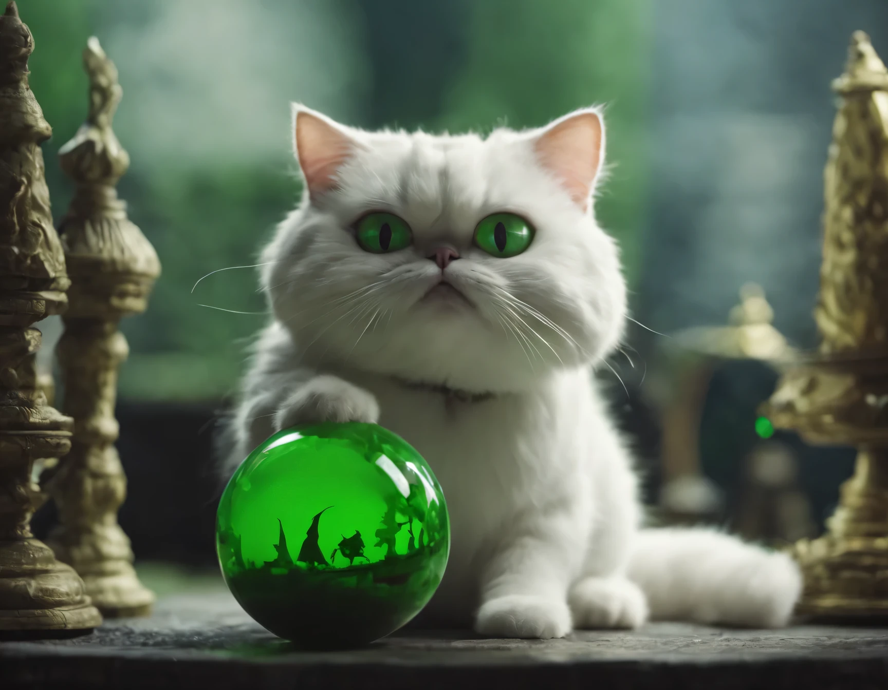 still from the film, in which an anthropomorphic white fat cat in a wizard costume creates a green sphere between its paws., cinematic treatment, focus on the cat, A high resolution, granularity