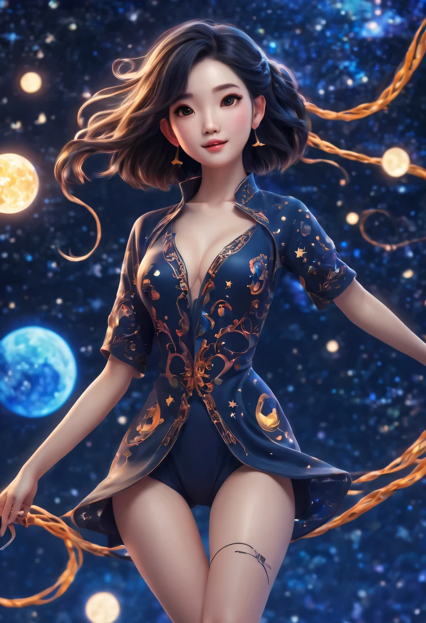 (best quality, high resolution, super sharp), magic ,Cute Chinese girl, tattoo, in a magic starry sky, tangled, full color, 3d crunch, long legs, whole body, 请SFW.