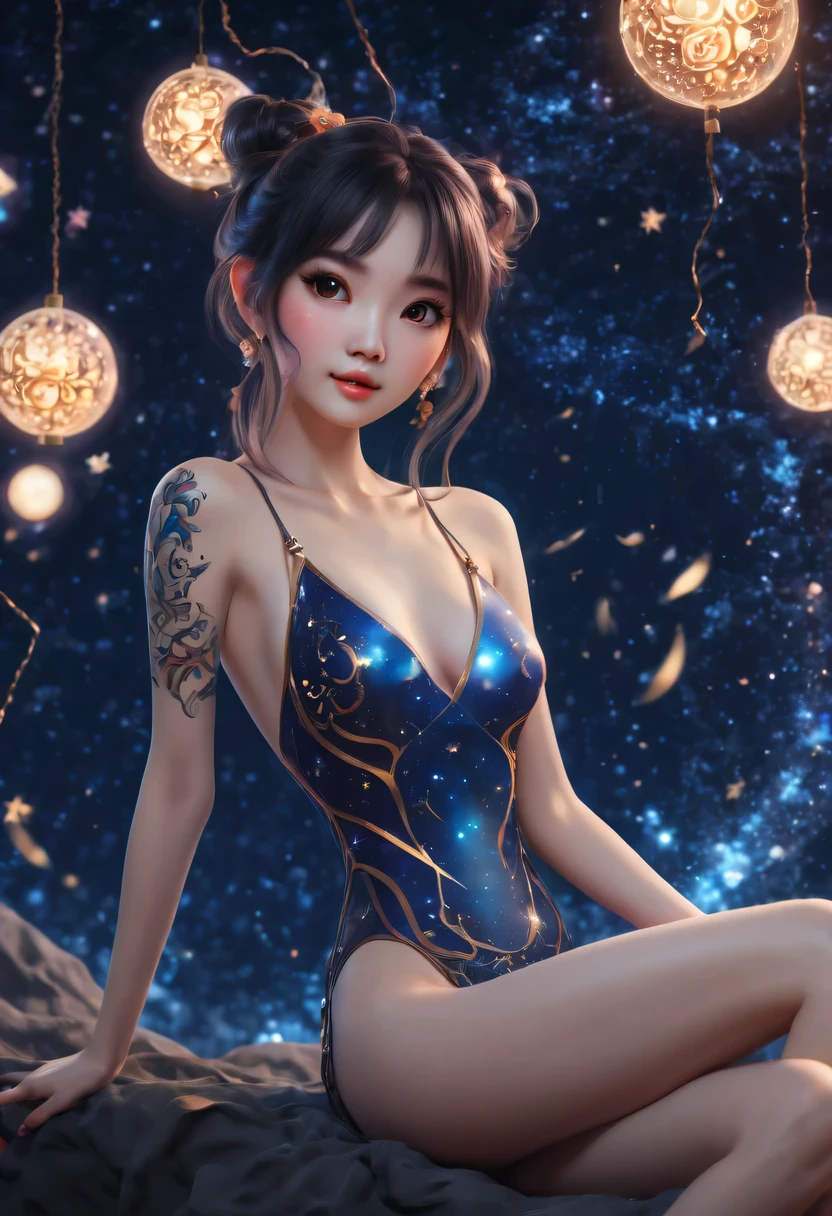 (best quality, high resolution, super sharp), magic ,Cute Chinese girl, tattoo, in a magic starry sky, tangled, full color, 3d crunch, long legs, whole body, 请SFW.