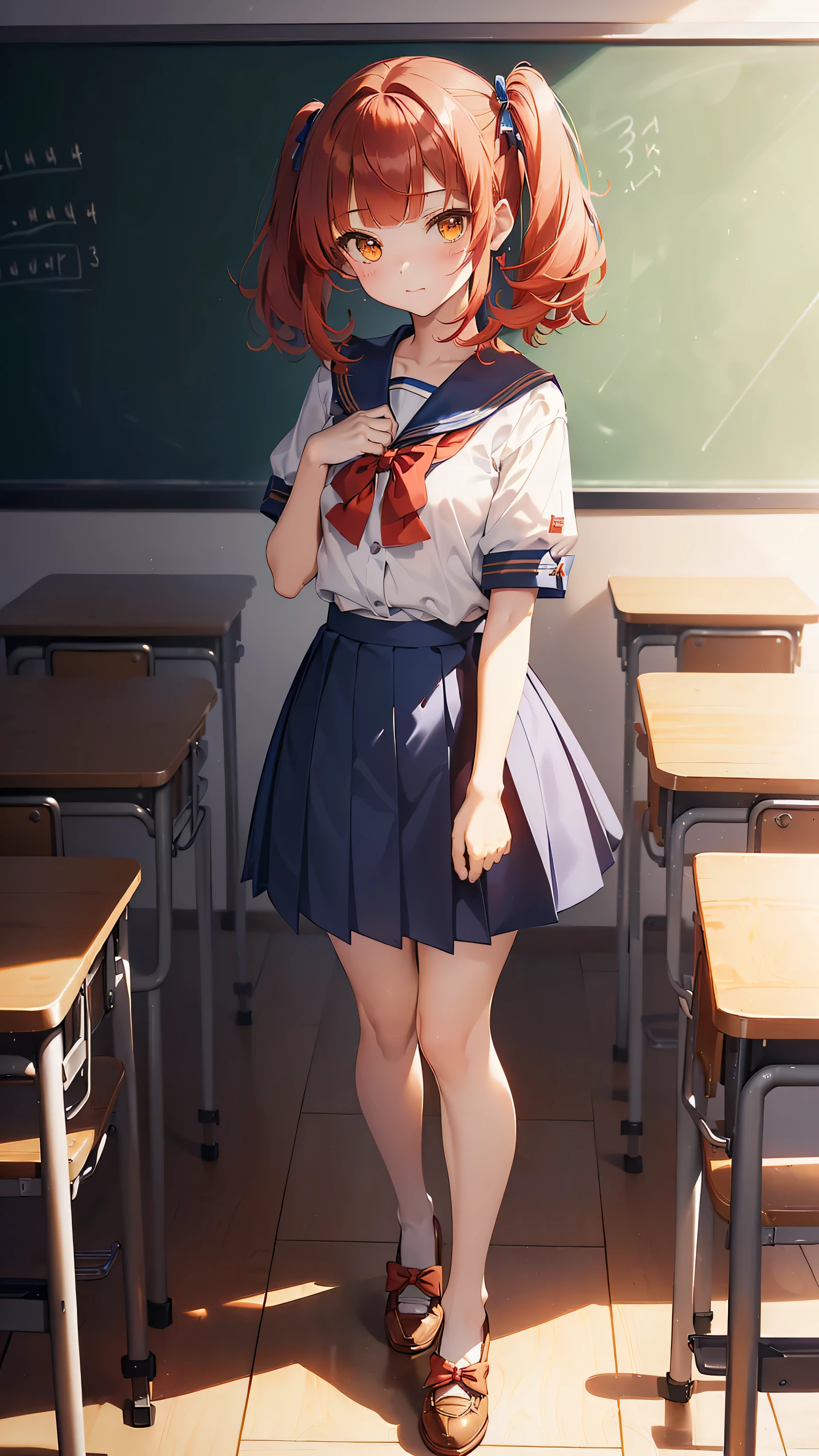 ((calidad superior, ultra detallado, high resolution, CG extremadamente detallado, fondo de pantalla de unidad 8k, por artista famoso, perfect anatomy, super detailed skin, cinematic lighting, HD, retina, anatomically correct, 1080P)), (Por favor, draw a single happy girl walking in a school classroom. :1.3), ((1 chica)), (Solo, rostro,13 years:2.0), un estudiante de secundaria, ((cute , chibi, babyrostro)) androgynous charm, (pelo medio, ((pelo rojo completo)) ((pelirrojo)), coletas, flequillo recto, con un lazo en el pelo, ((very thin piernas)), ((skinny piernas, cuerpo delgado, small construction)), Extremidades completas, dedos completos, ((dedos y manos perfectos)), pecho plano, cuerpo , small butt, ingle, Hermosos ojos llenos de oro amarillo detallados., ojos perfectos, uniforme escolar marinero, ((Falda azul)) y blusa blanca, ((lazo rojo en la blusa)), cuello marinero azul, mangas cortas, sin medias, (detailed lighting), ((fondo del aula)), (Fondo de escenario detallado), ((en la zona escolar)), vista de cuerpo completo, ((de pie)), piernas. lindo, chica soltera kawaii (Una chica), Toma de cuerpo completo. ((El fondo es la escuela.)), cuerpo delantero, ((mano izquierda arriba, mano derecha abajo))