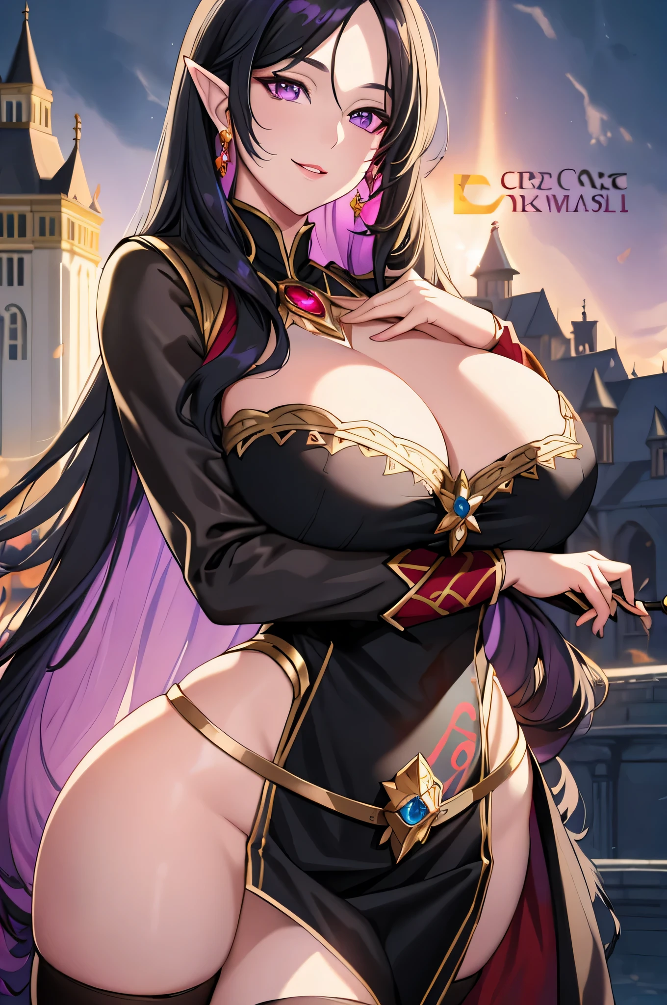 Lian, long black hair, long elf ears, hair stick, black clothes, bangs, violet eyes, solo, smiling, standing, upper body, hips, bare shoulders,purple thighhighs,red dress, gold jewelry,armor,gloves,circlet, cleavage, red and gold royal castle, gigantic breasts, (best quality, masterpiece, beautiful and aesthetic:1.2, highest detailed face, perfect face,)  eyes, perfect face,expressive eyes,
looking at viewer, in the center of the image,(Upper_body),(Focus on her face),
official art,extremely detailed CG unity 8k wallpaper, perfect lighting,Colorful, Bright_Front_face_Lighting,shiny skin, 
(masterpiece:1.0),(best_quality:1.0), ultra high res,4K,ultra-detailed
